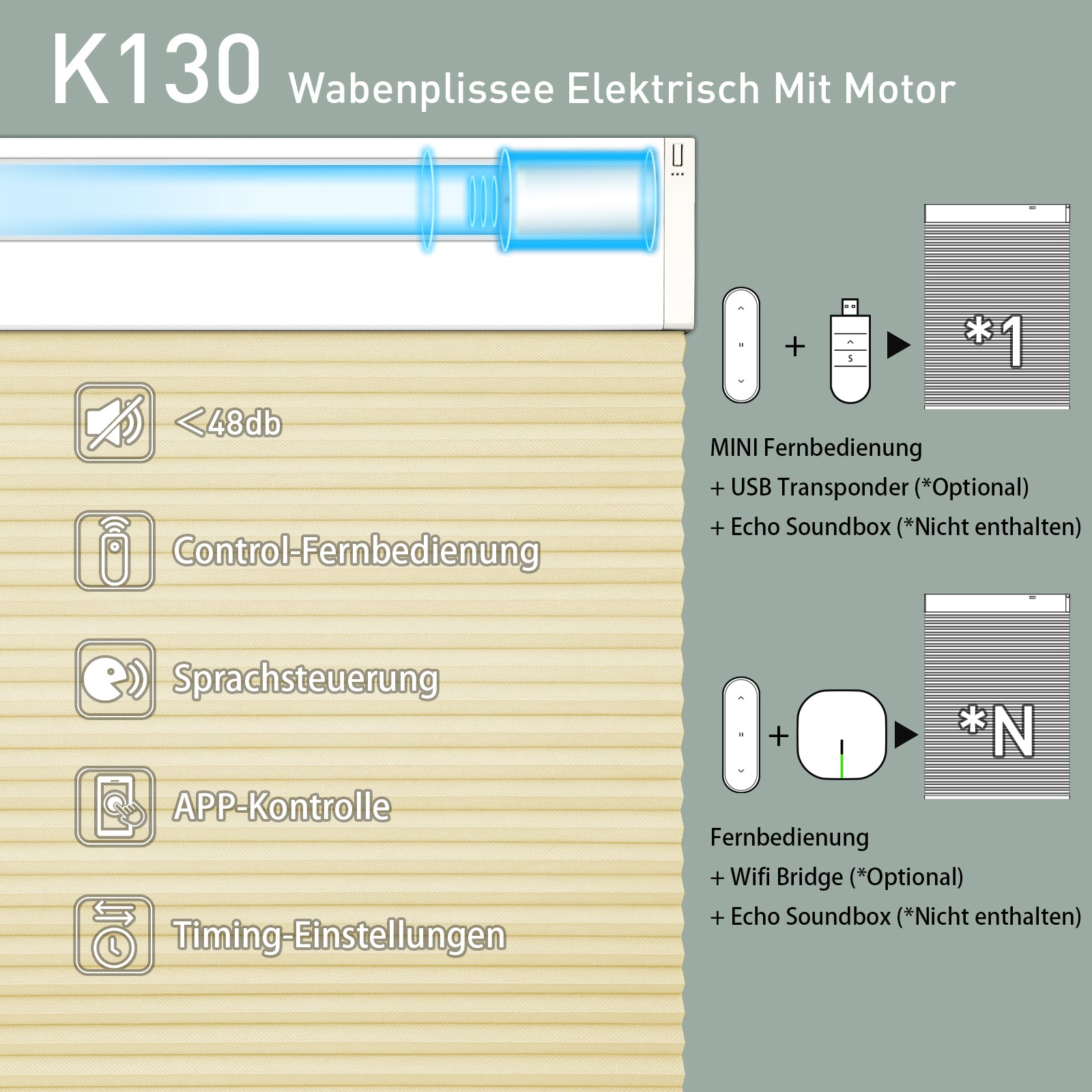 K130 Elektrisch | Verdunkelung | Akku | Wabenplissees | Nach Maß