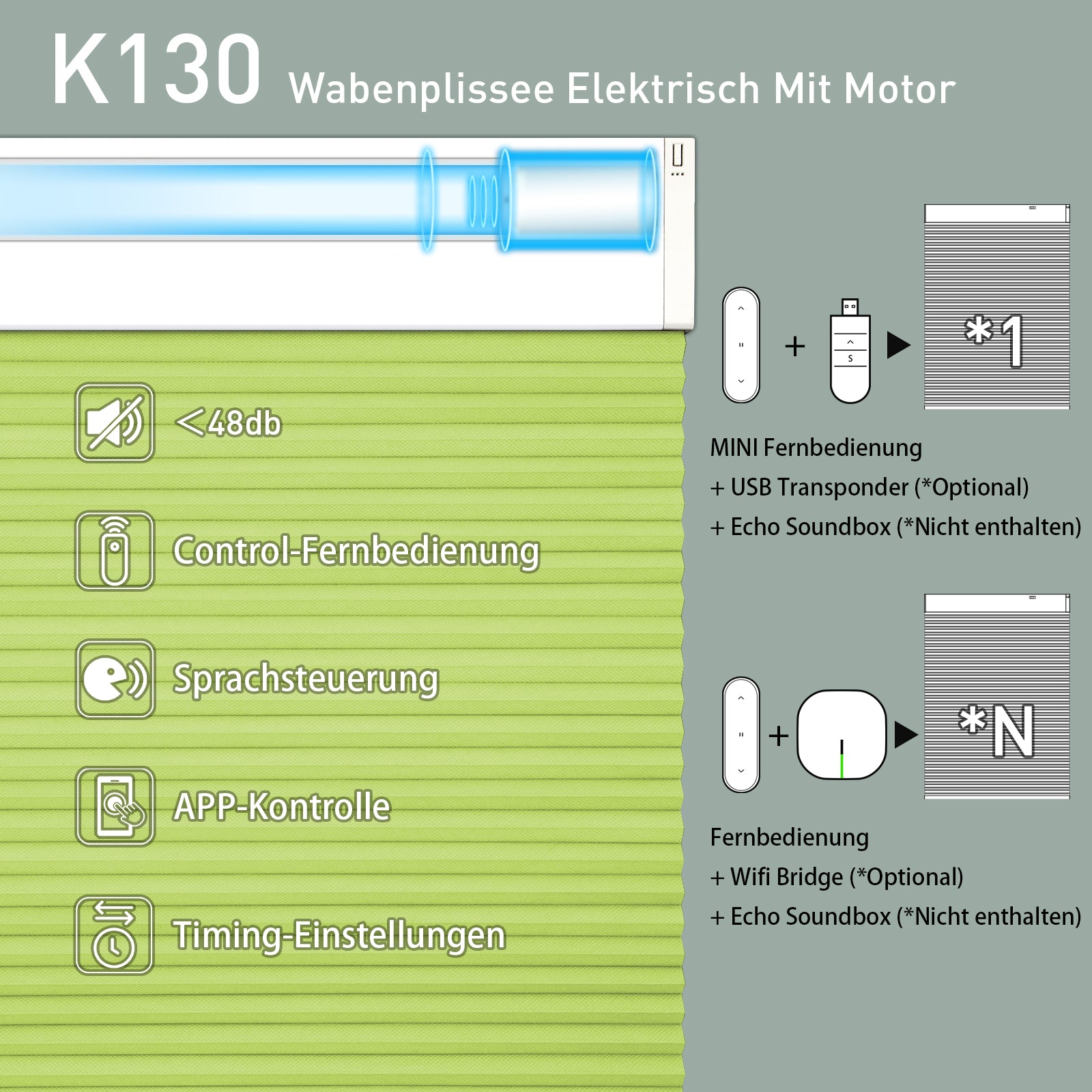 K130 Elektrisch | Lichtdurchlässige | Akku | Wabenplissees | Nach Maß