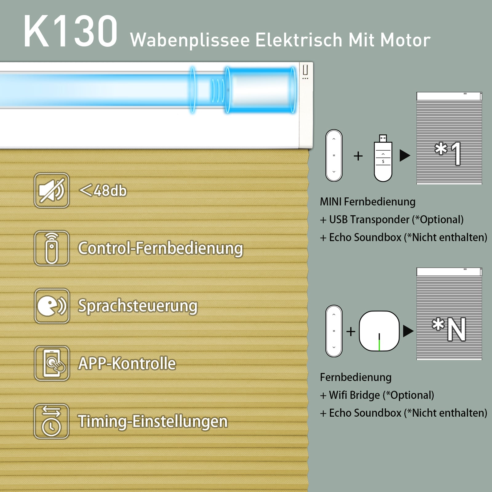 K130 Elektrisch | Lichtdurchlässige | Akku | Wabenplissees | Nach Maß