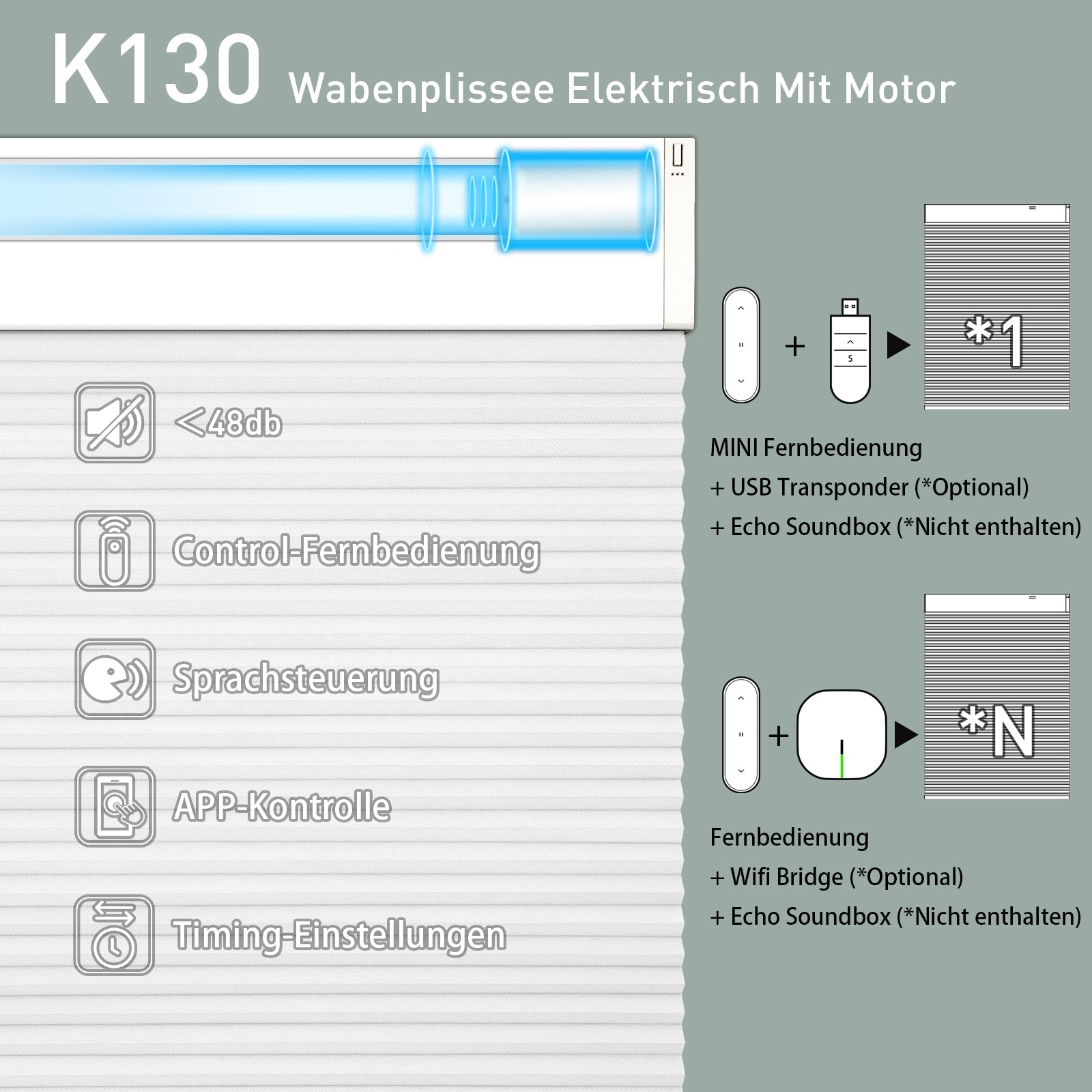 K130 Elektrisch | Lichtdurchlässige | Akku | Wabenplissees | Nach Maß