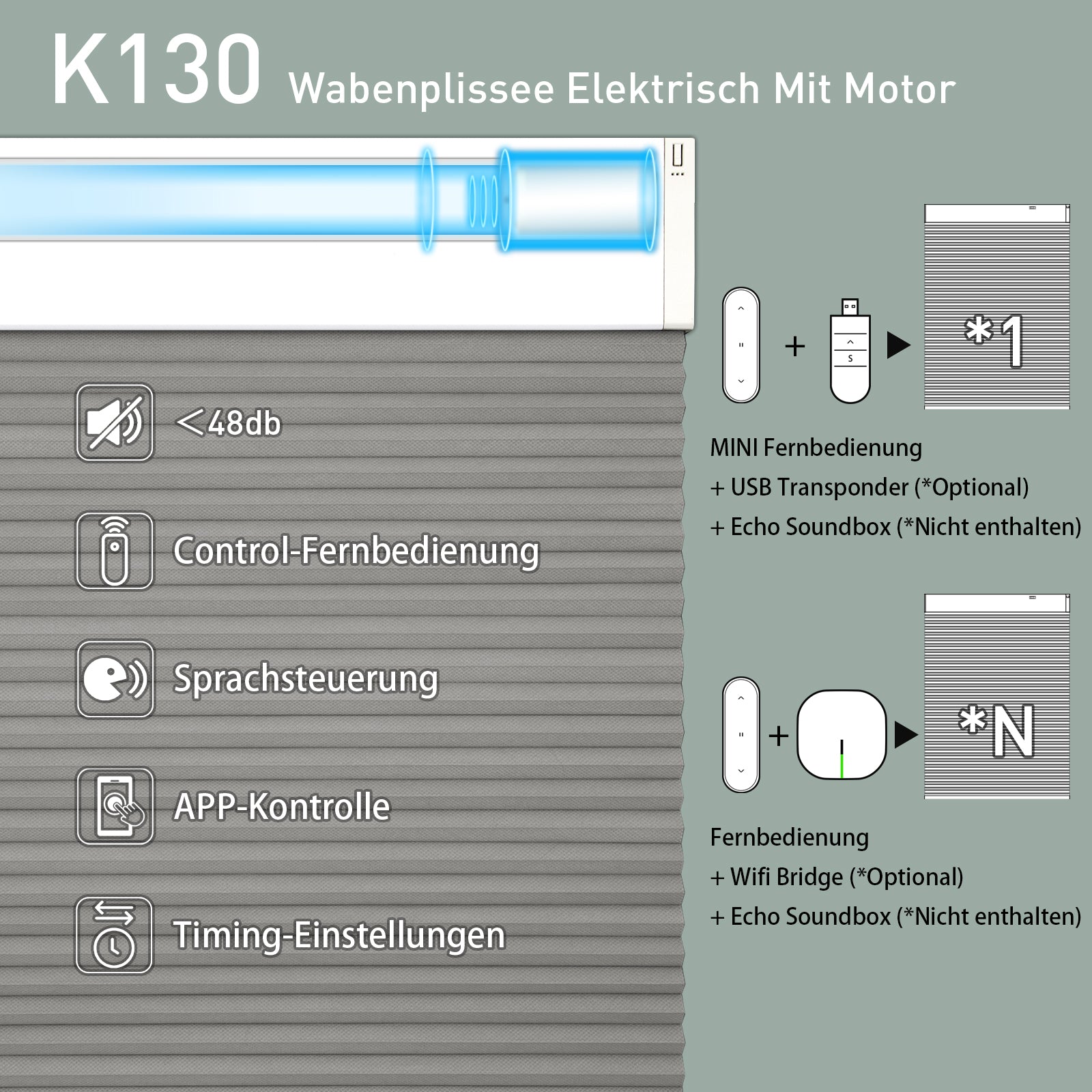 K130 Elektrisch | Lichtdurchlässige | Akku | Wabenplissees | Nach Maß