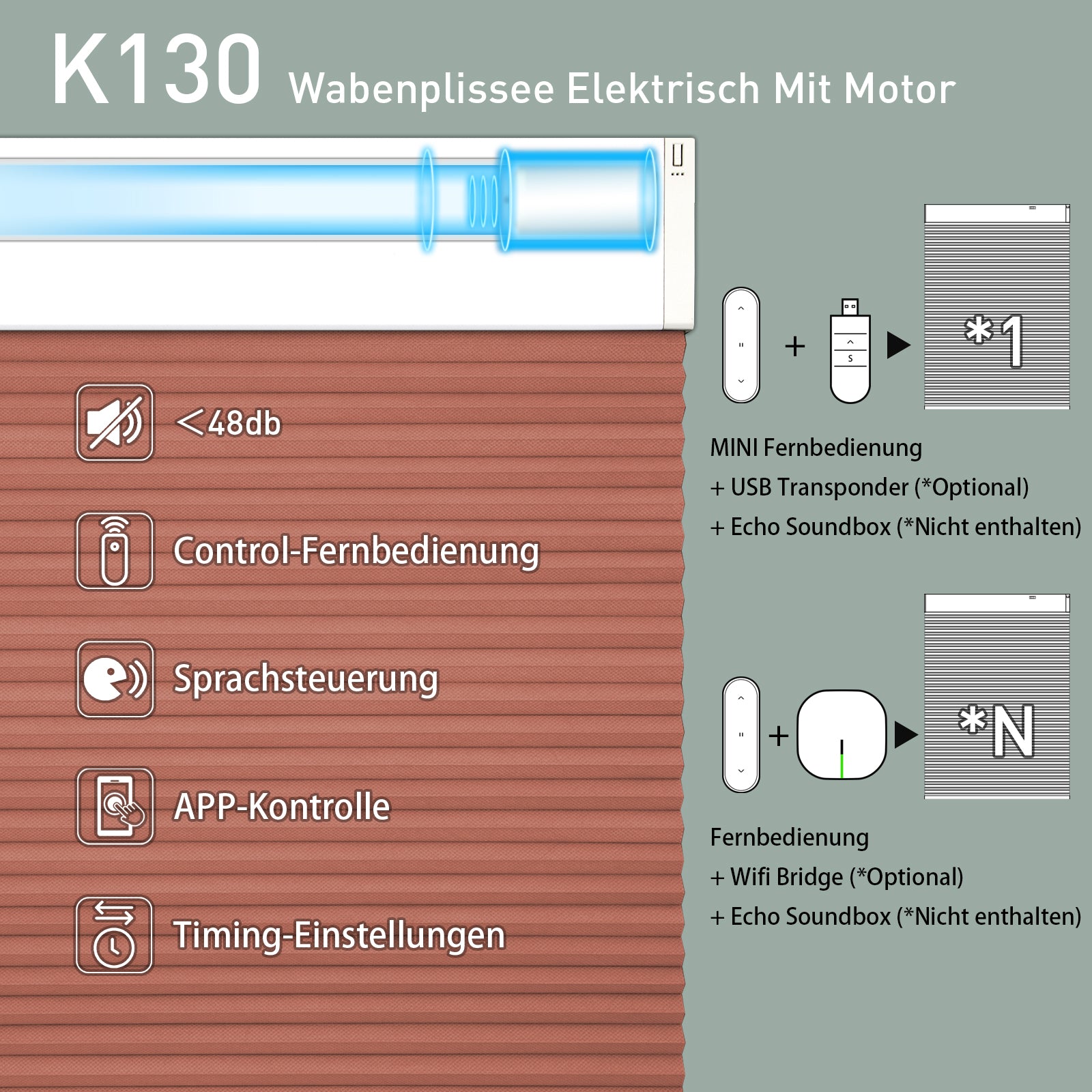 K130 Elektrisch | Lichtdurchlässige | Akku | Wabenplissees | Nach Maß