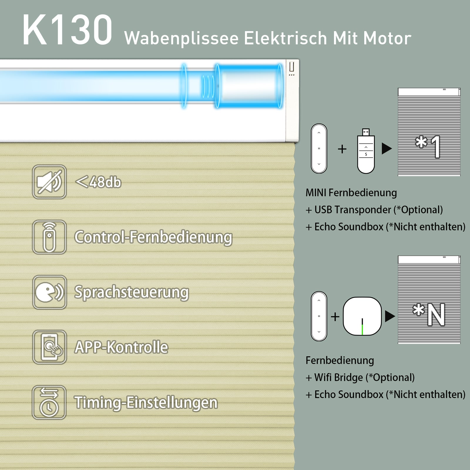 K130 Elektrisch | Lichtdurchlässige | Akku | Wabenplissees | Nach Maß