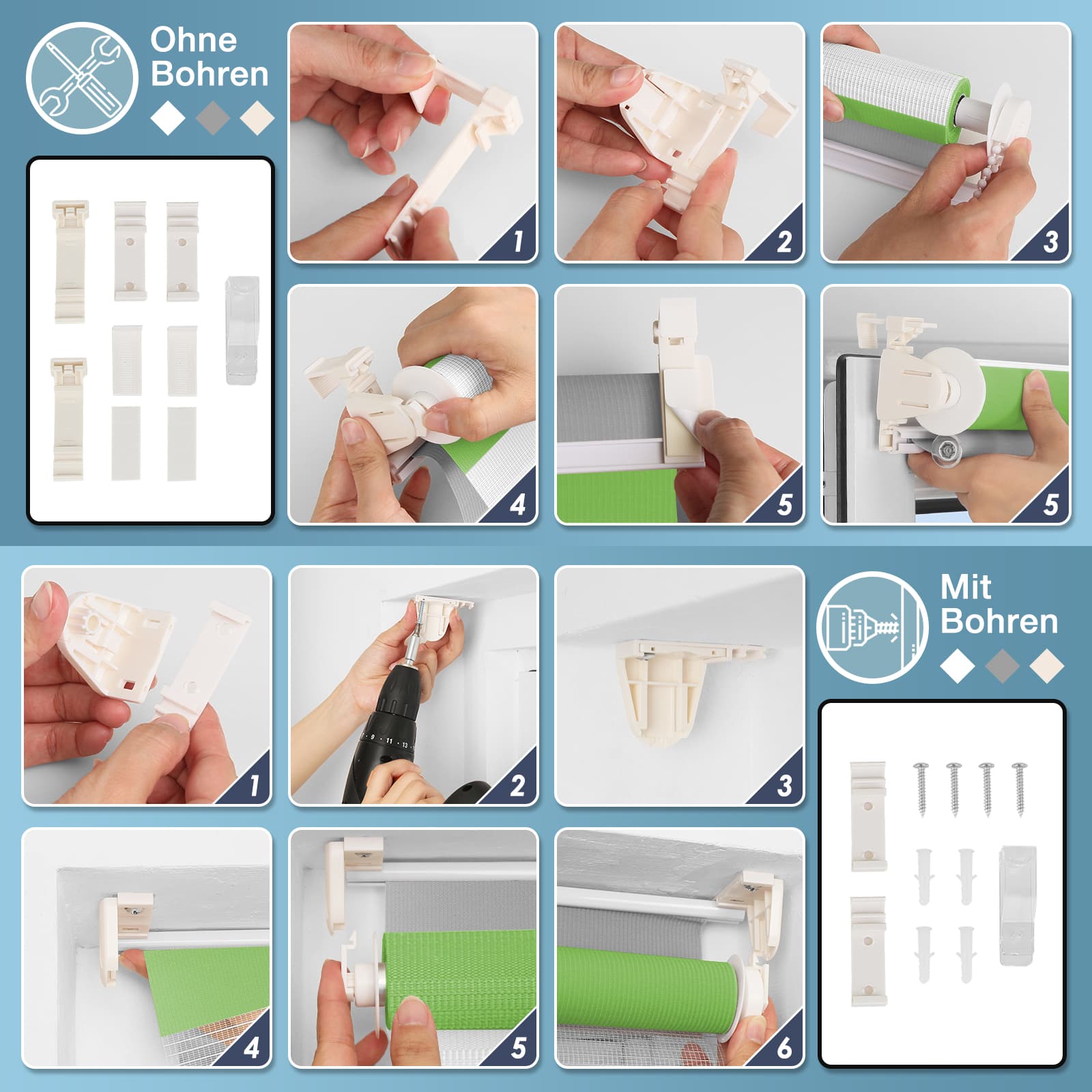 Doppelrollo Duo Rollo Klemmfix ohne Bohren Grün Grau Weiß