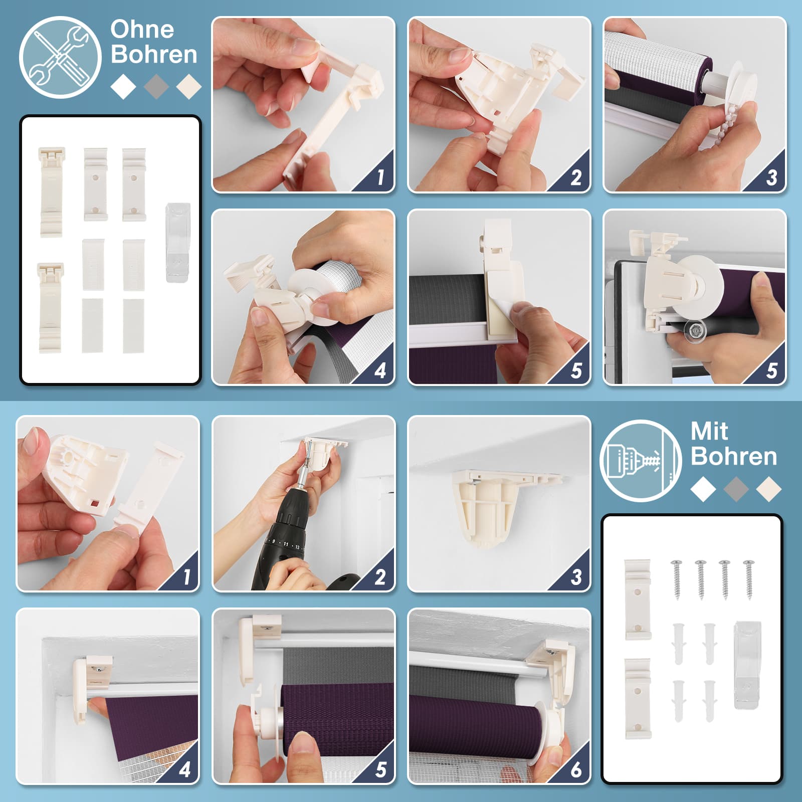 Doppelrollo Duo Rollo Klemmfix ohne Bohren Weiß Anthrazit Aubergine