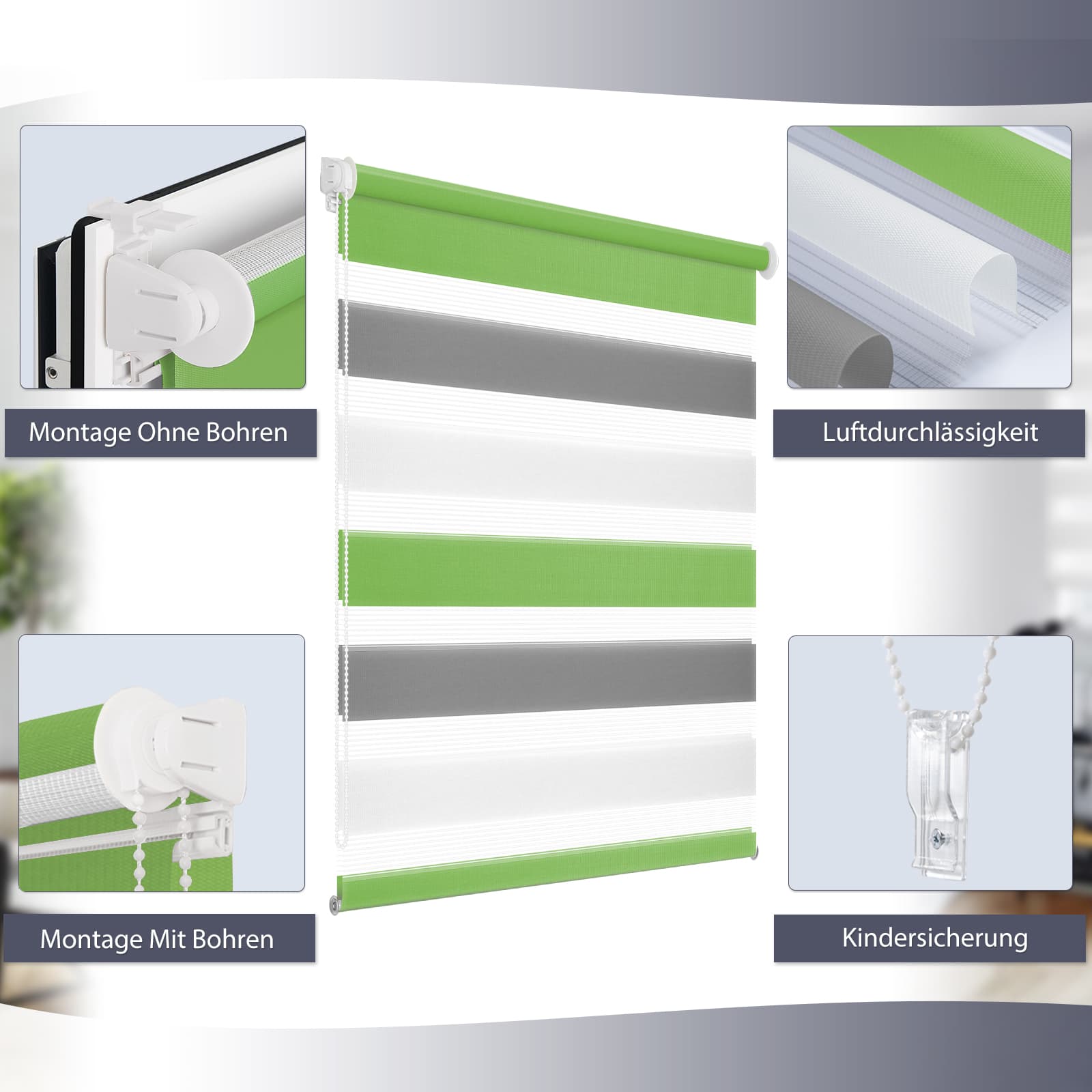 Doppelrollo Duo Rollo Klemmfix ohne Bohren Grün Grau Weiß