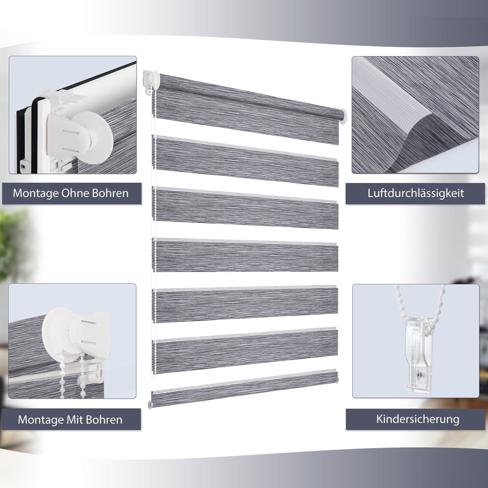 Doppelrollo Duo Rollo Klemmfix ohne Bohren Marmor Grau