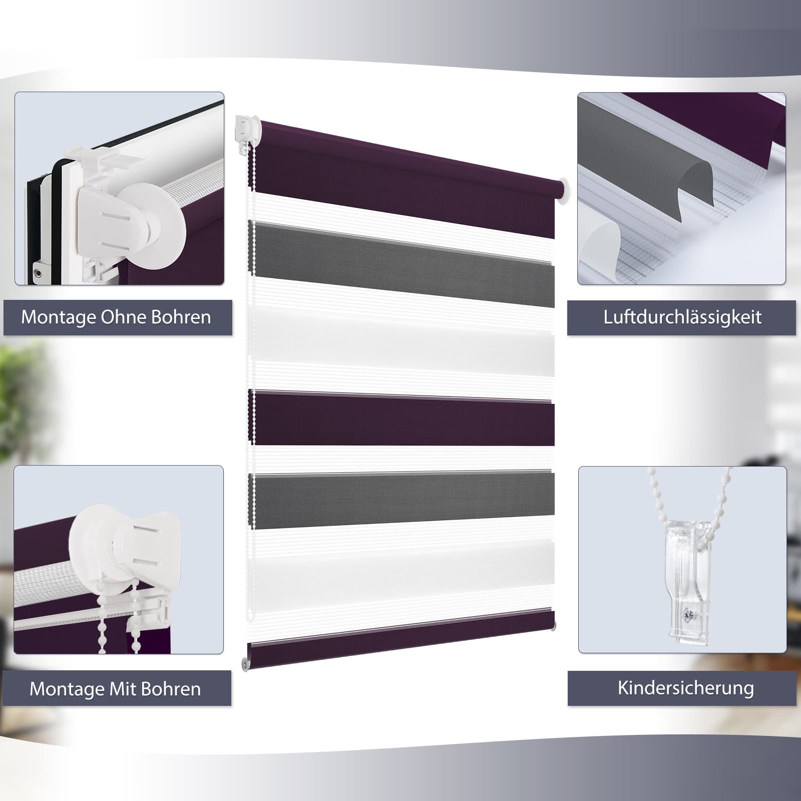 Doppelrollo Duo Rollo Klemmfix ohne Bohren Weiß Anthrazit Aubergine