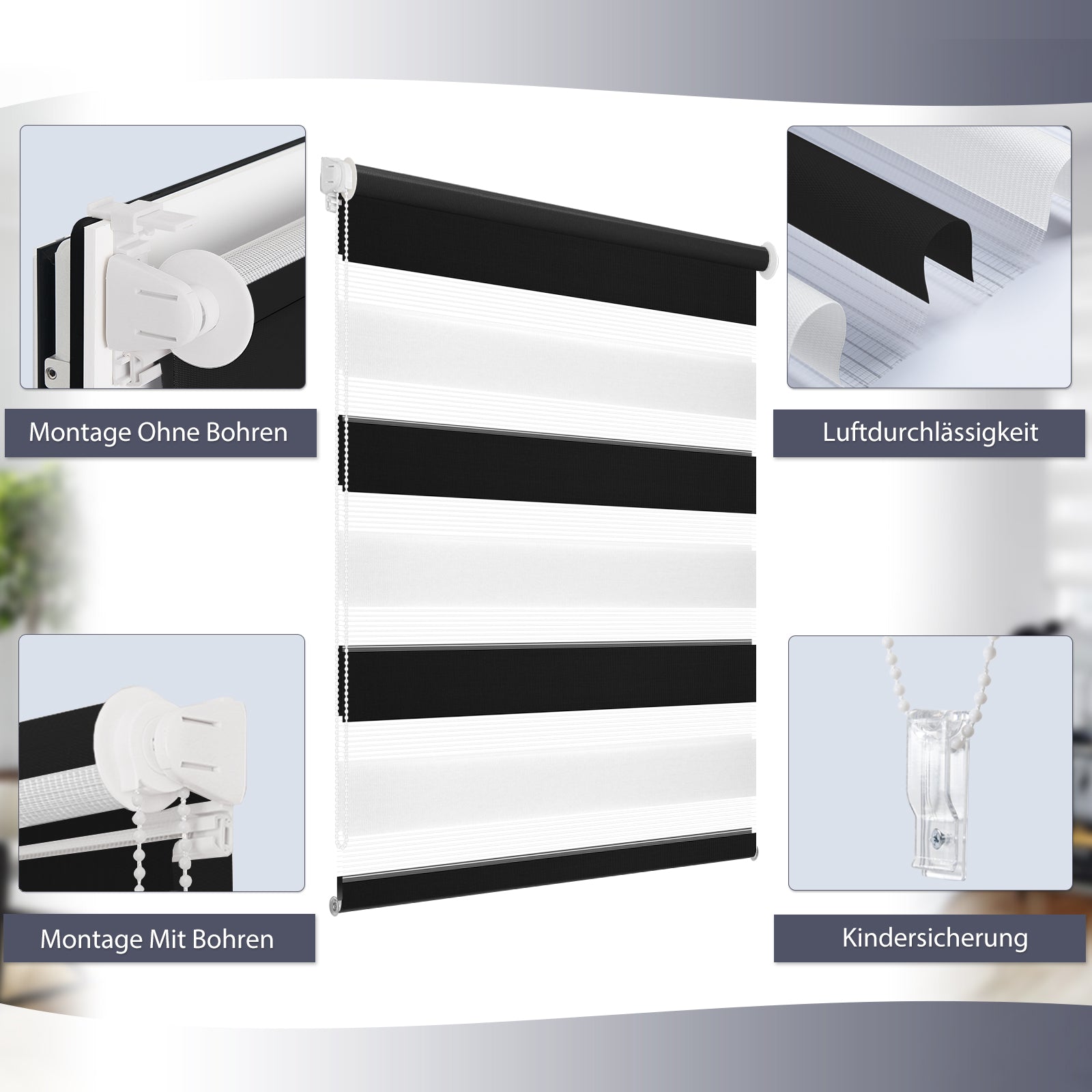 Doppelrollo Duo Rollo Klemmfix ohne Bohren Schwarz Weiß