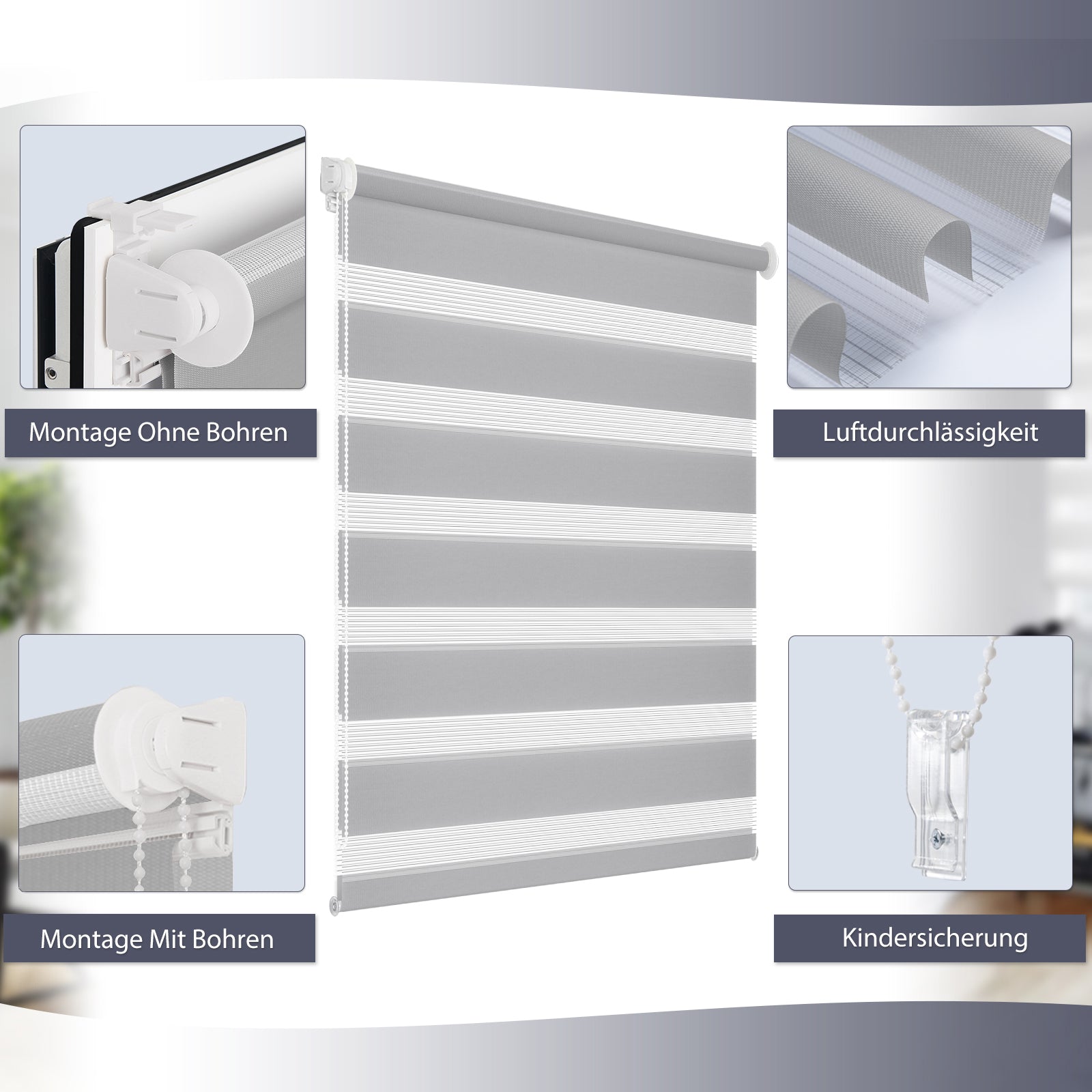 Doppelrollo Duo Rollo Klemmfix ohne Bohren Hellgrau