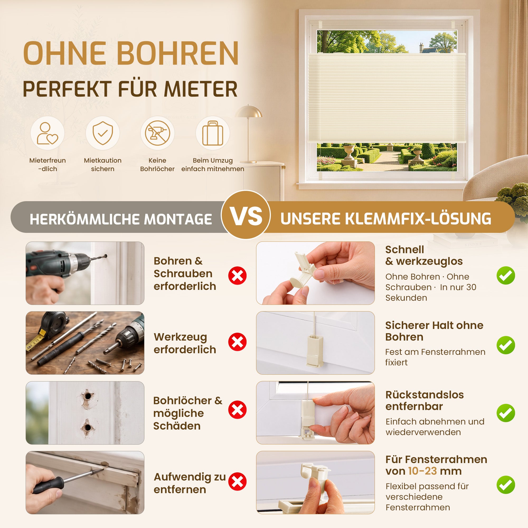 Lichtdurchlässiges Plissee Klemmfix ohne Bohren –Beige