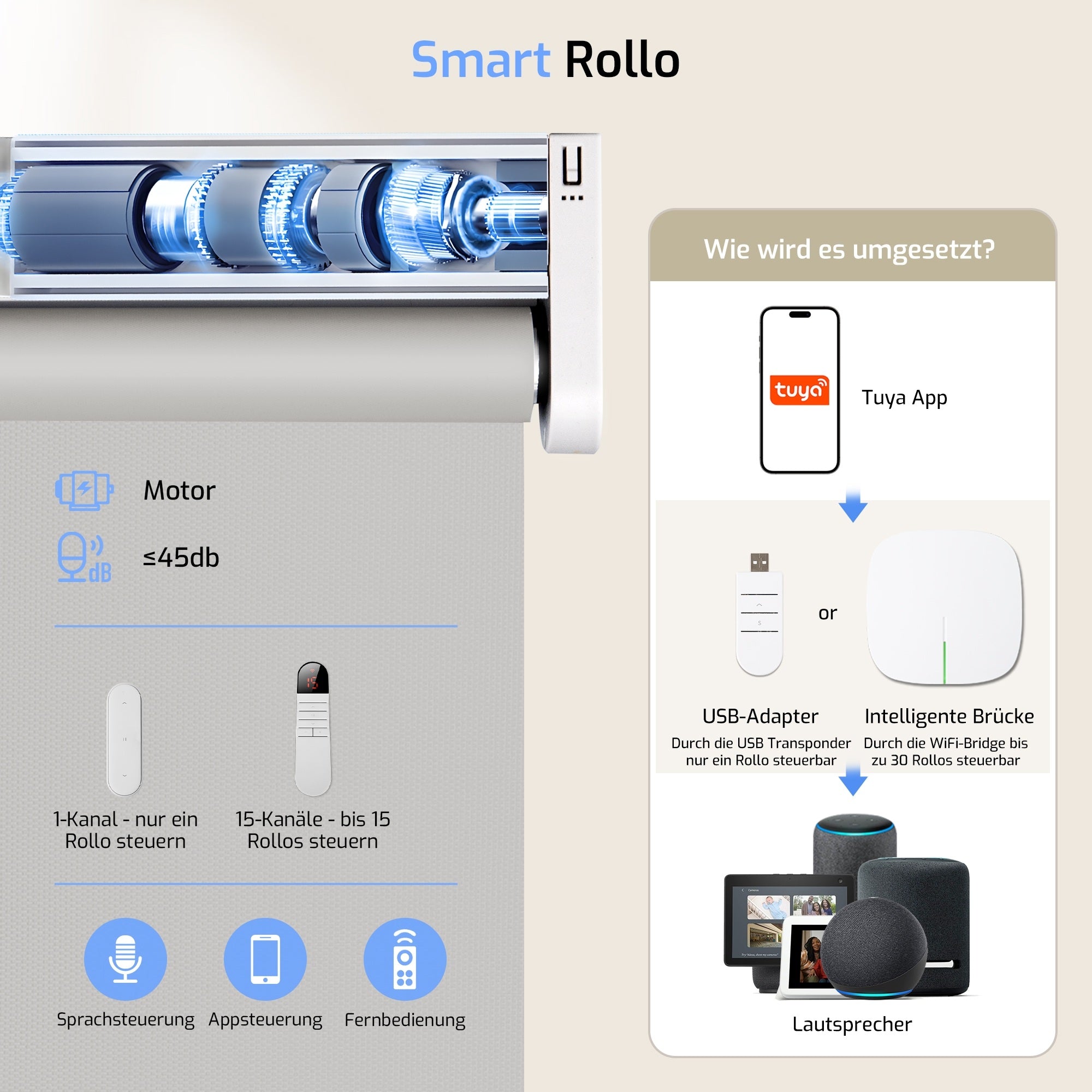 M100 Elektrisch | Verdunkelung | Batterie | Rollo | Grau | Standardgröße