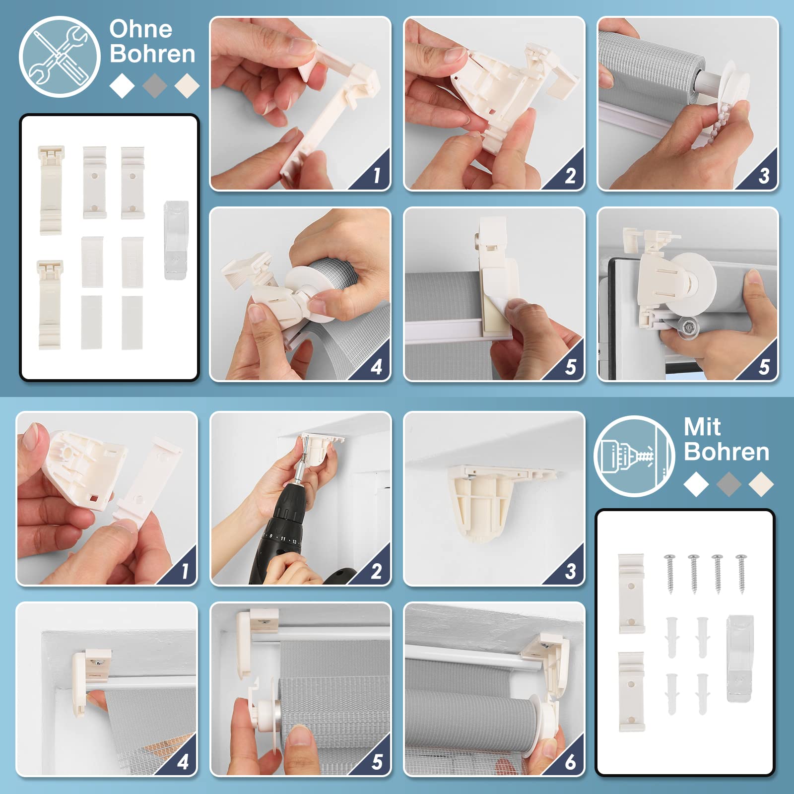 Doppelrollo Duo Rollo Klemmfix ohne Bohren Hellgrau