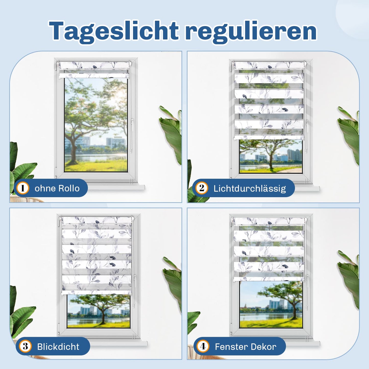 Doppelrollo Duo Rollo Klemmfix ohne Bohren Weiß-weidenzweige