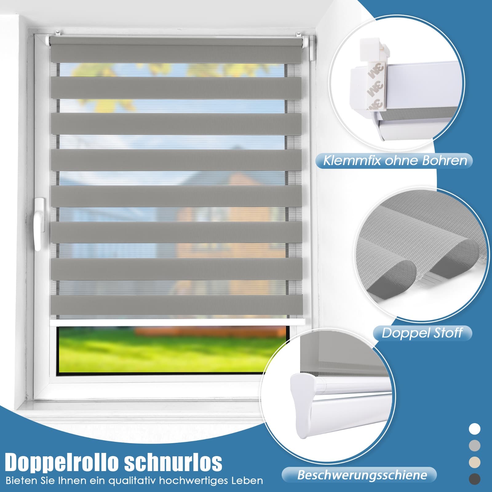Doppelrollo Schnurlos Klemmfix ohne Bohren Duo Drücken Und Ziehen Hellgrau