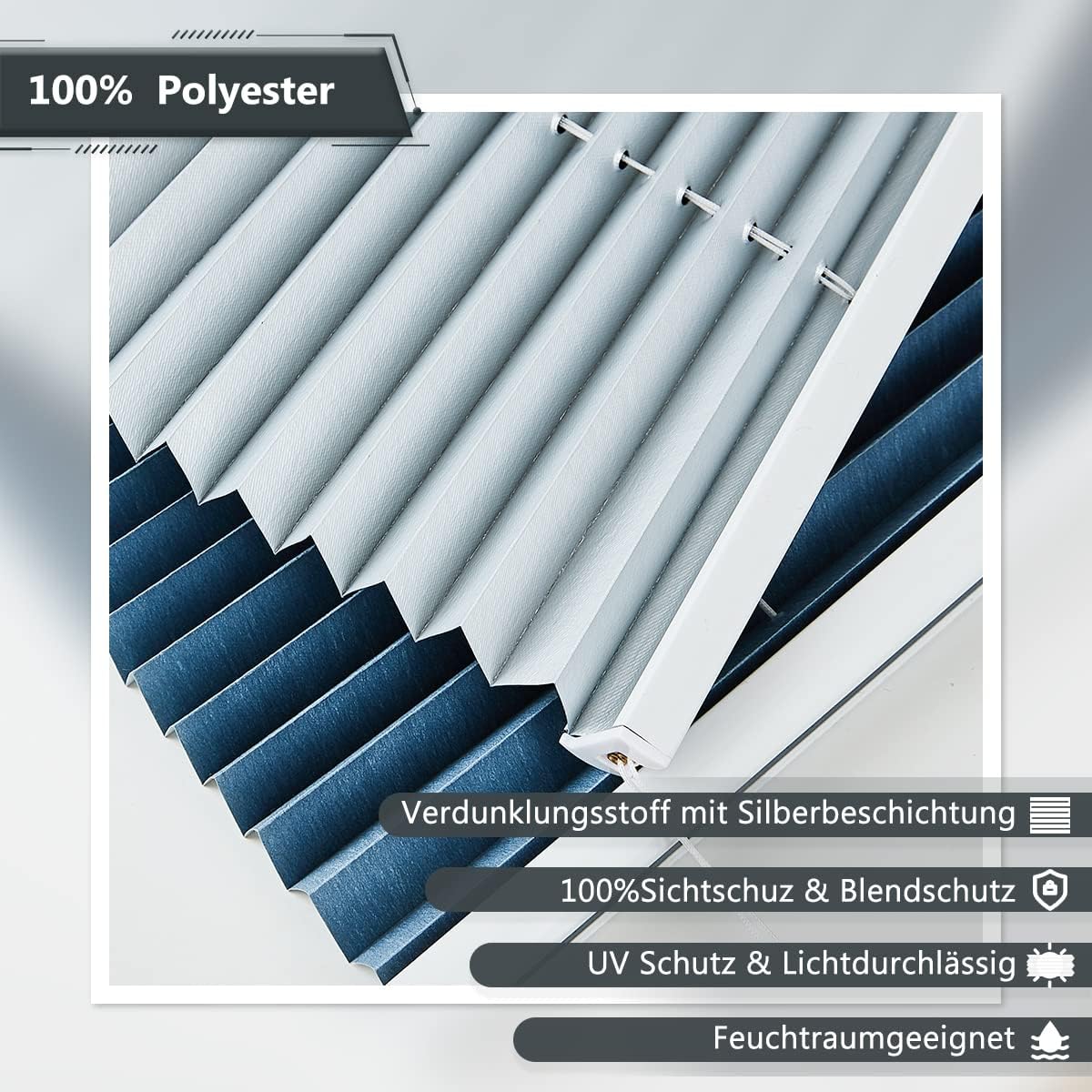 Verdunkelnd ohne Bohren Klemmfix Faltrollo Plissee Blau