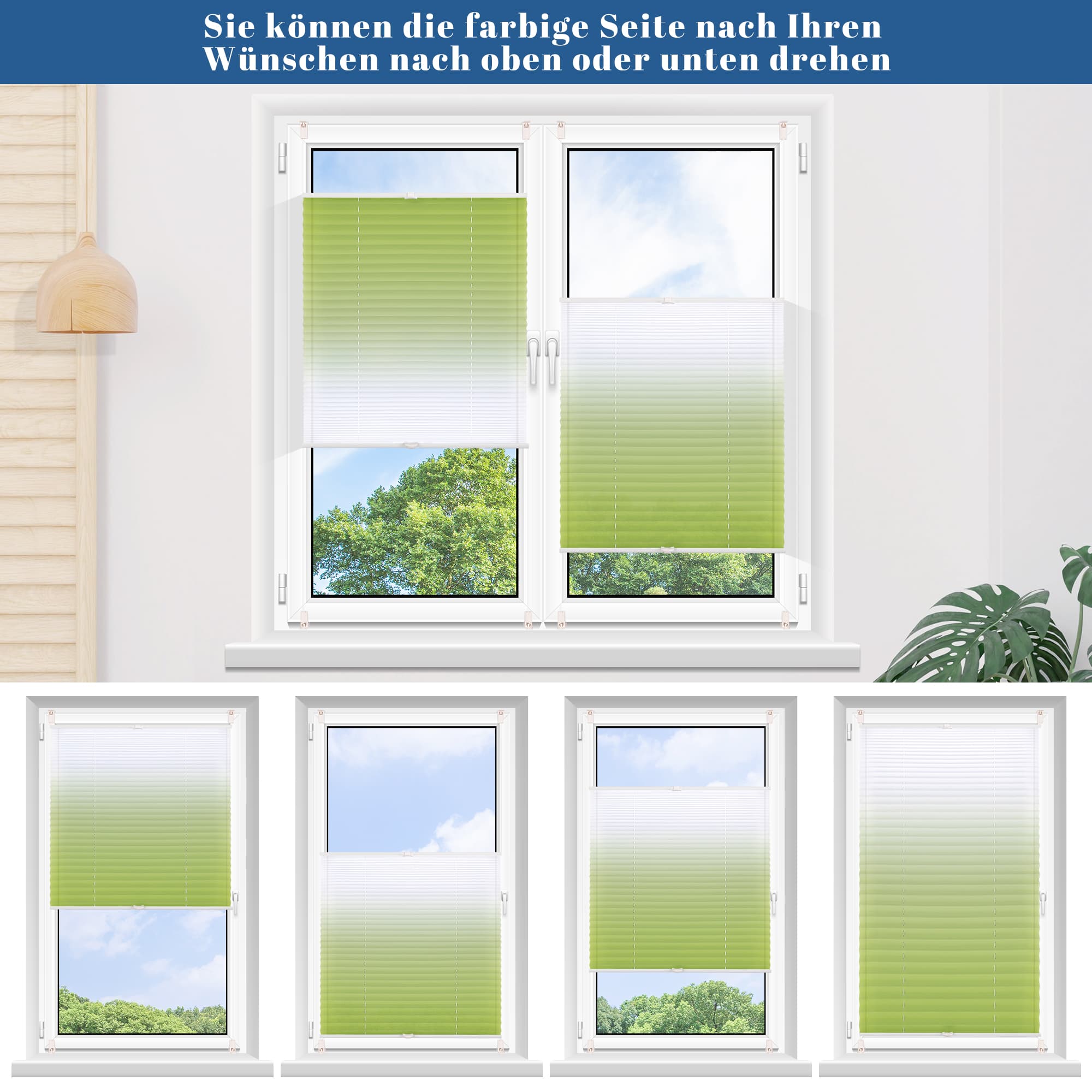 Lichtdurchlässig ohne Bohren Klemmfix Faltrollo Plissee Grün-Weiß