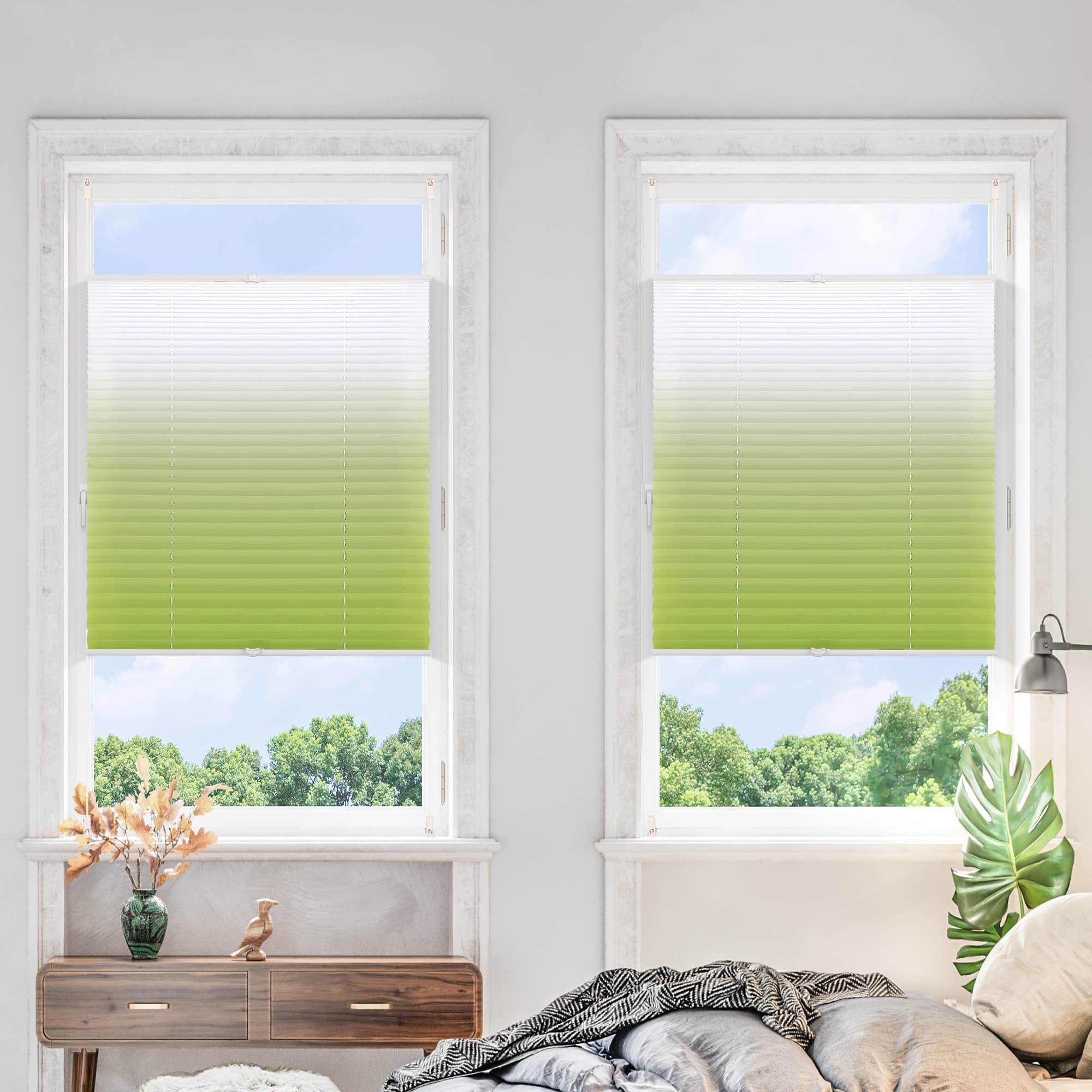 Lichtdurchlässig ohne Bohren Klemmfix Faltrollo Plissee Grün-Weiß