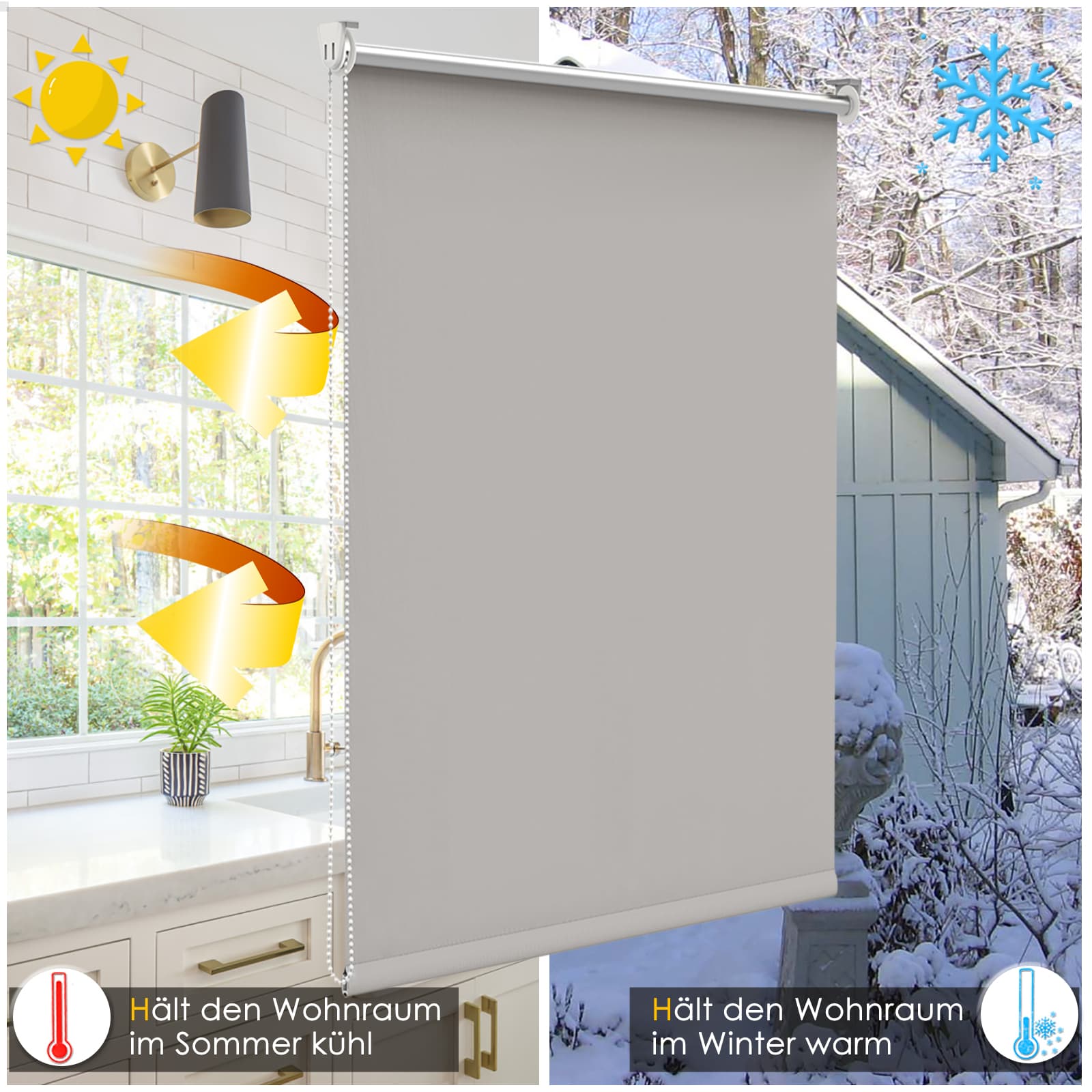 Verdunkelungsrollo Klemmfix Thermorollo ohne Bohren Hellgrau