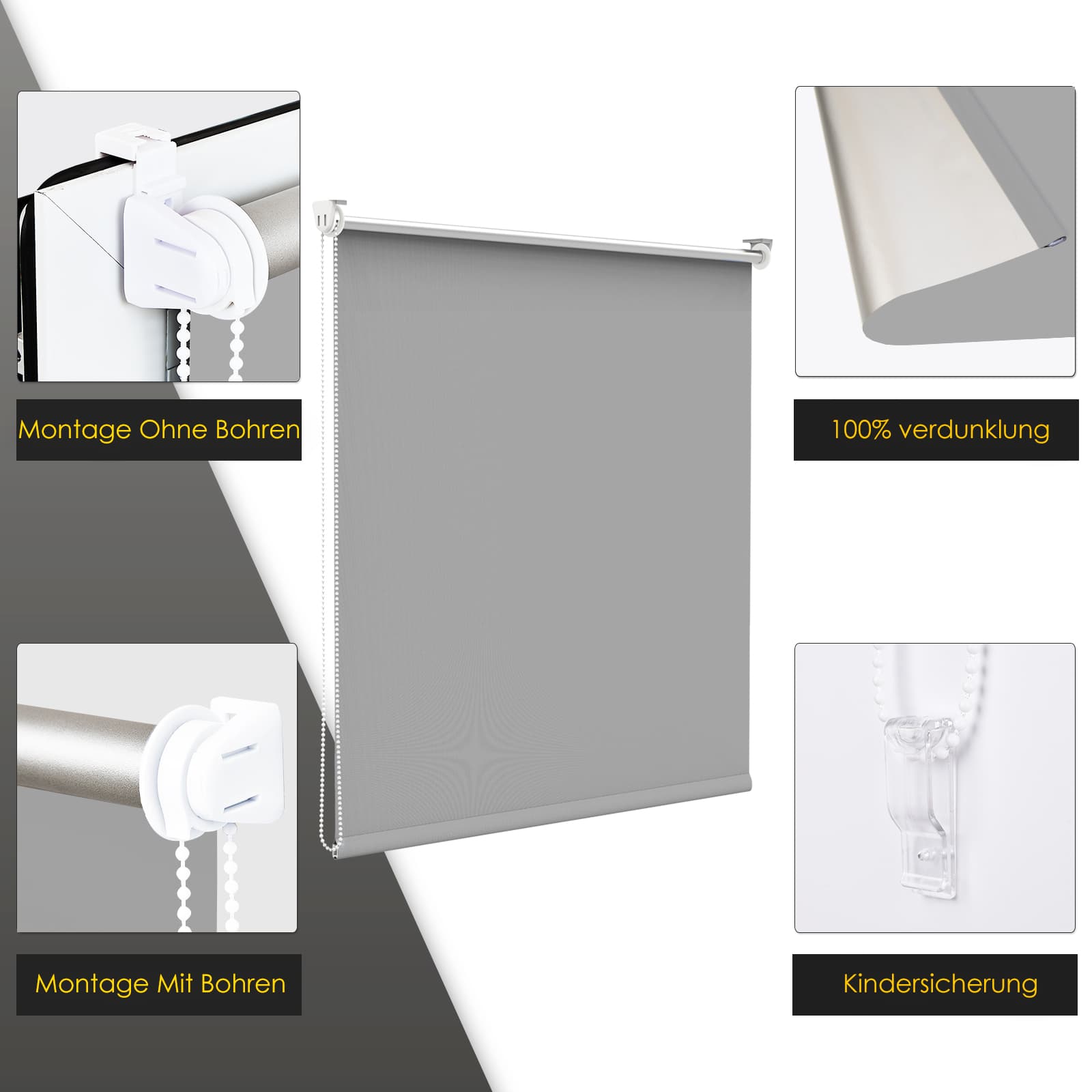 Verdunkelungsrollo Klemmfix Thermorollo ohne Bohren Hellgrau