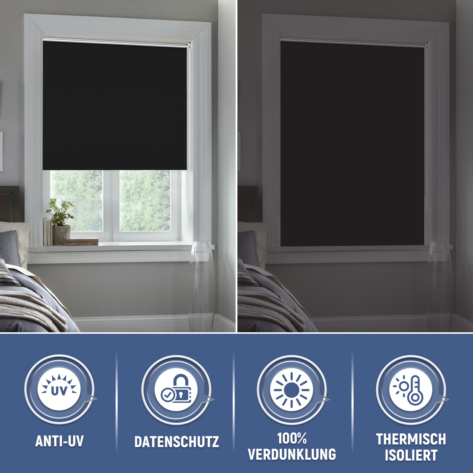 Verdunkelungsrollo Klemmfix Thermorollo ohne Bohren Schwarz