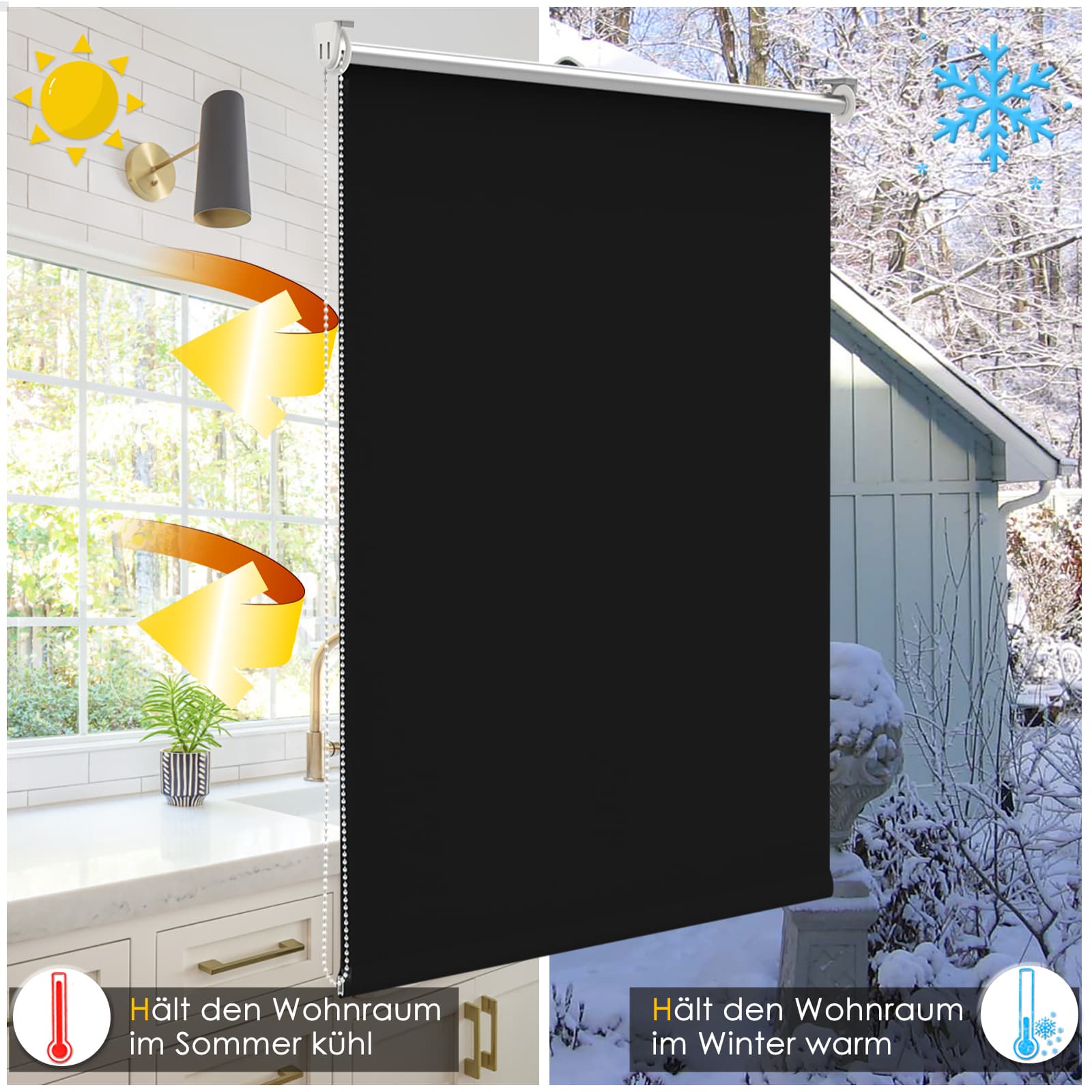 Verdunkelungsrollo Klemmfix Thermorollo ohne Bohren Schwarz