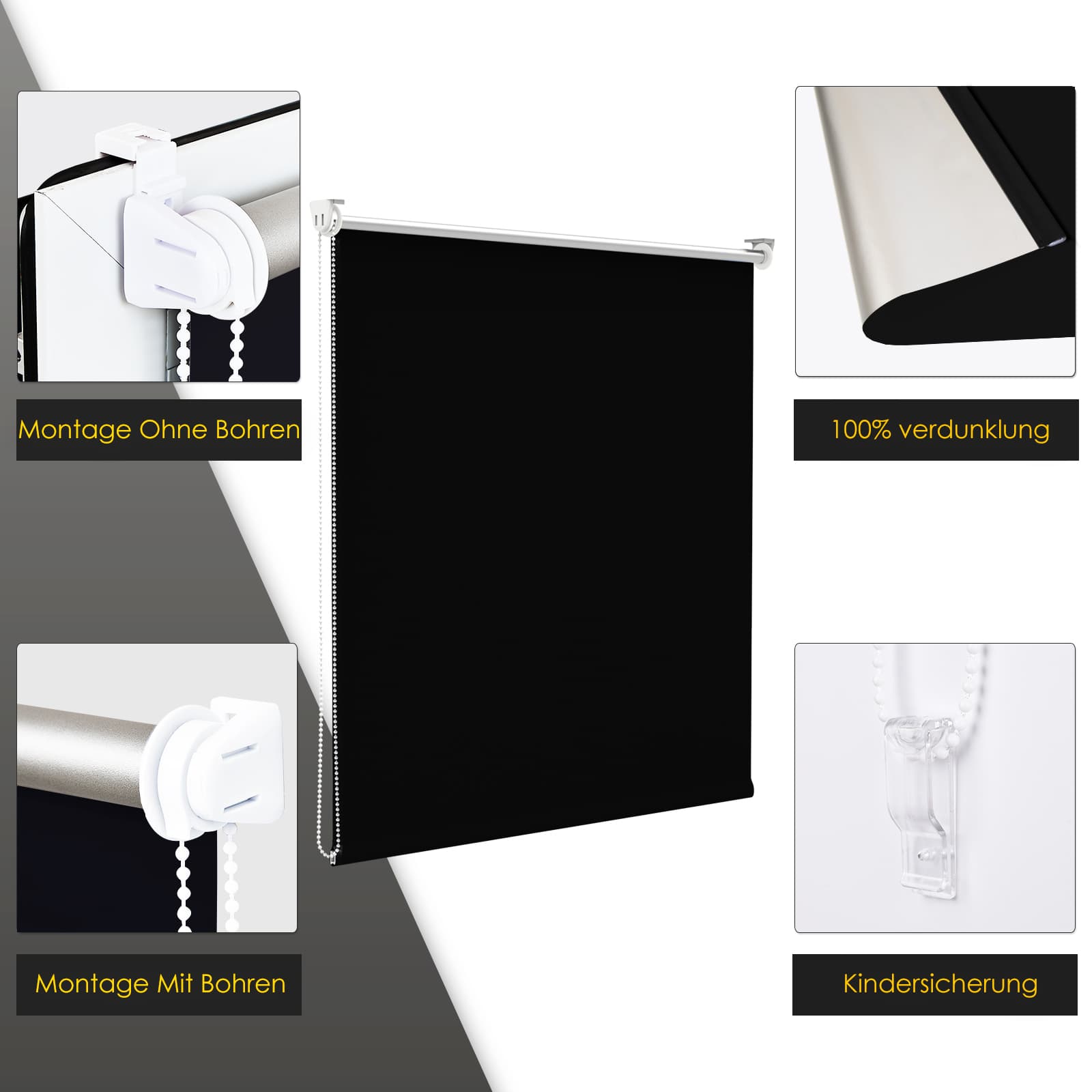 Verdunkelungsrollo Klemmfix Thermorollo ohne Bohren Schwarz
