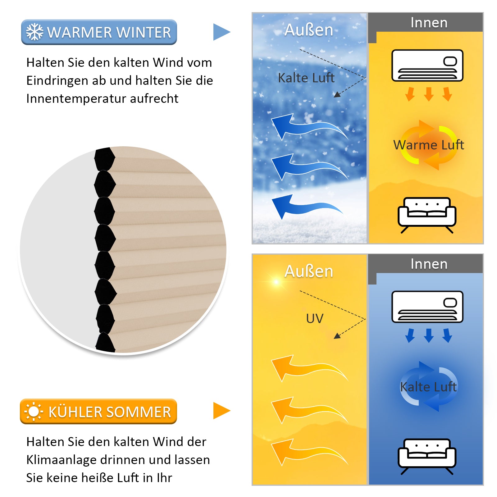 Wabenplissee Klemmfix Verdunkelung Thermo Zweifarbig Weiß-Beige