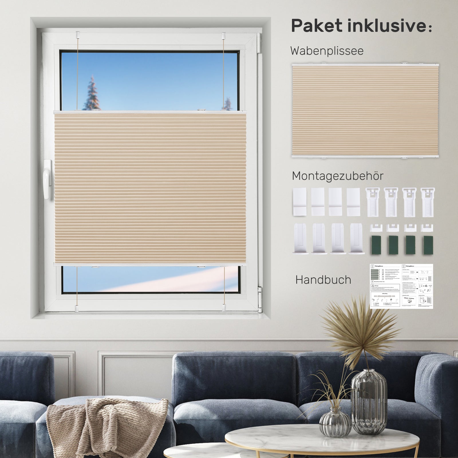 Wabenplissee Klemmfix Verdunkelung Thermo Zweifarbig Weiß-Beige