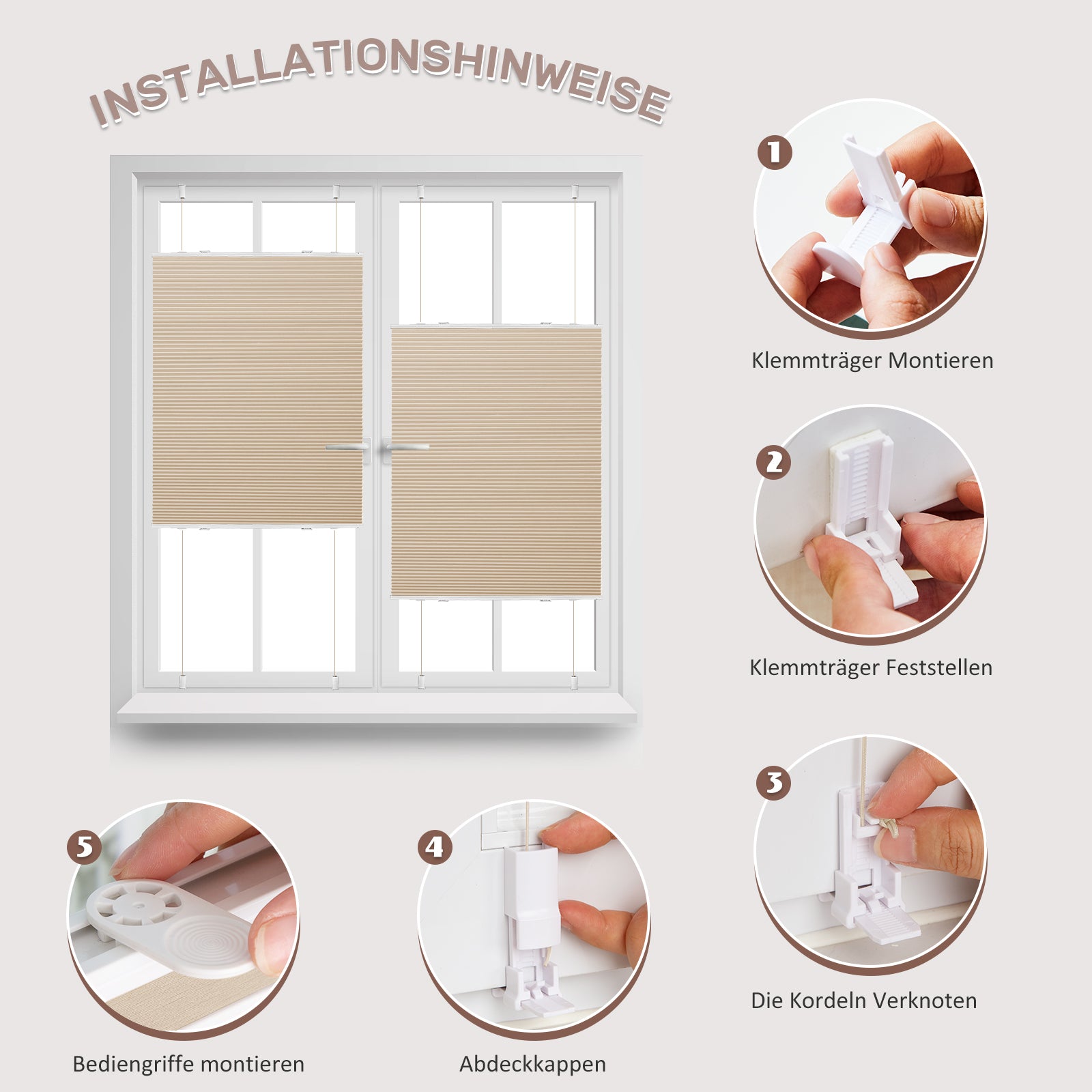 Wabenplissee Klemmfix Verdunkelung Thermo Zweifarbig Weiß-Beige