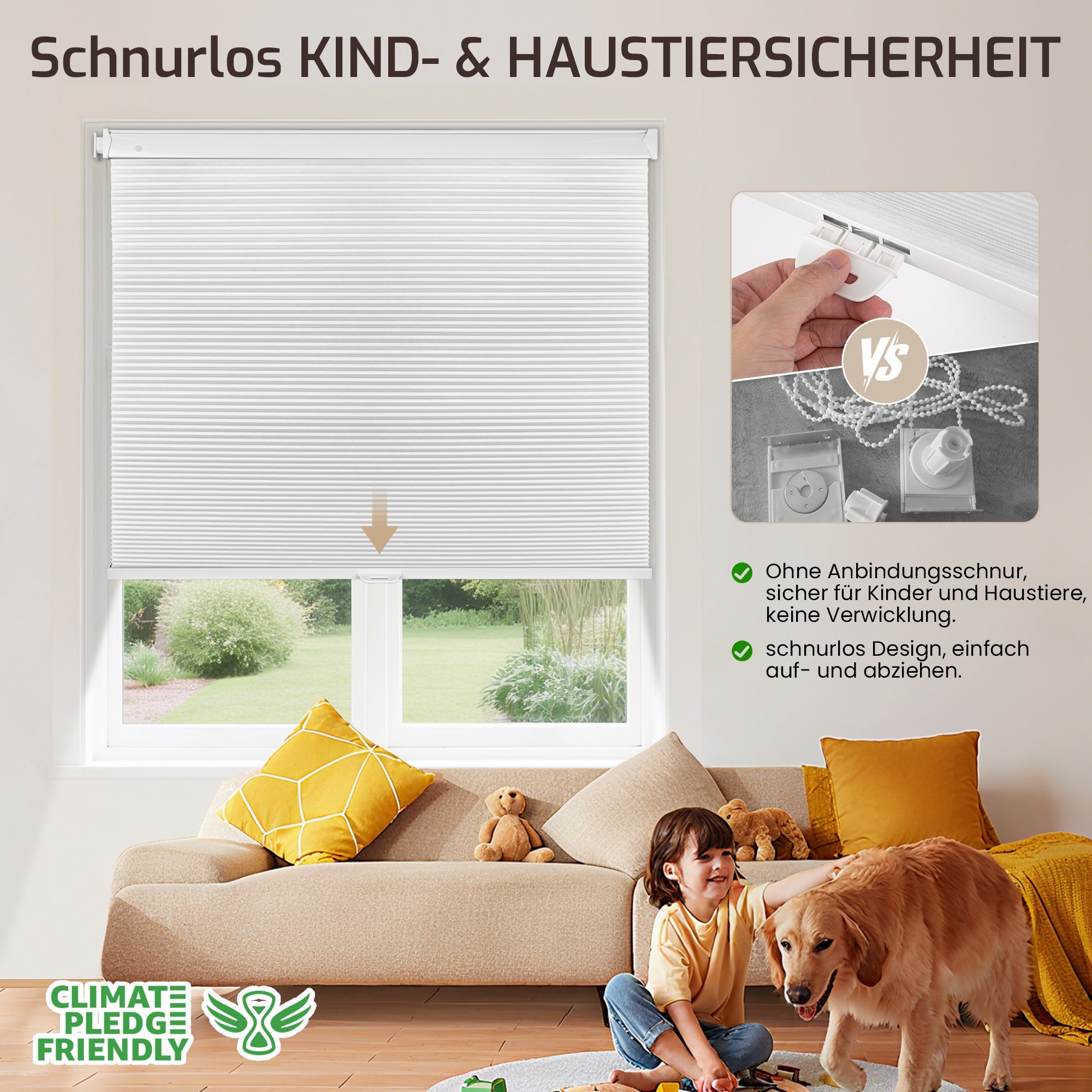 Ohne Bohren | Schnurlos | Lichtdurchlässig | Freistopp | Wabenplissee | Weiß-Weiß