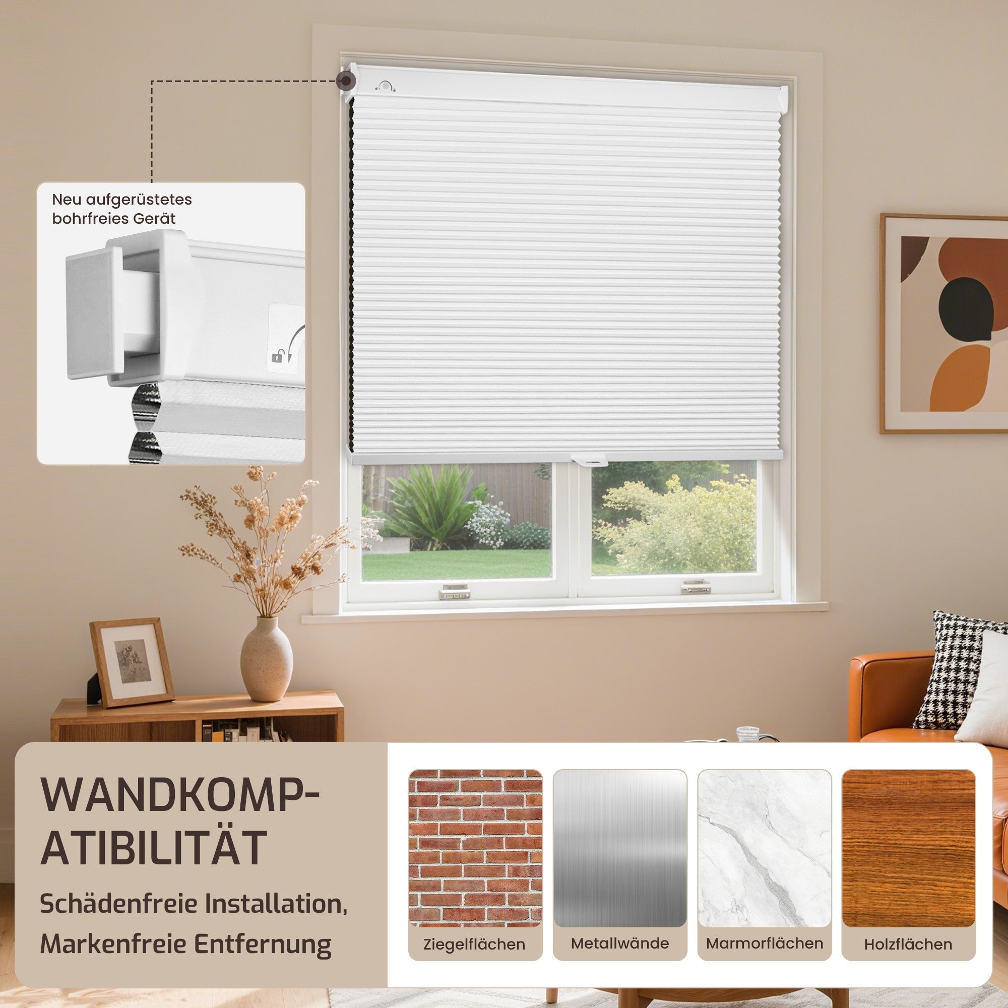 Ohne Bohren | Schnurlos | Lichtdurchlässig | Freistopp | Wabenplissee | Weiß-Weiß