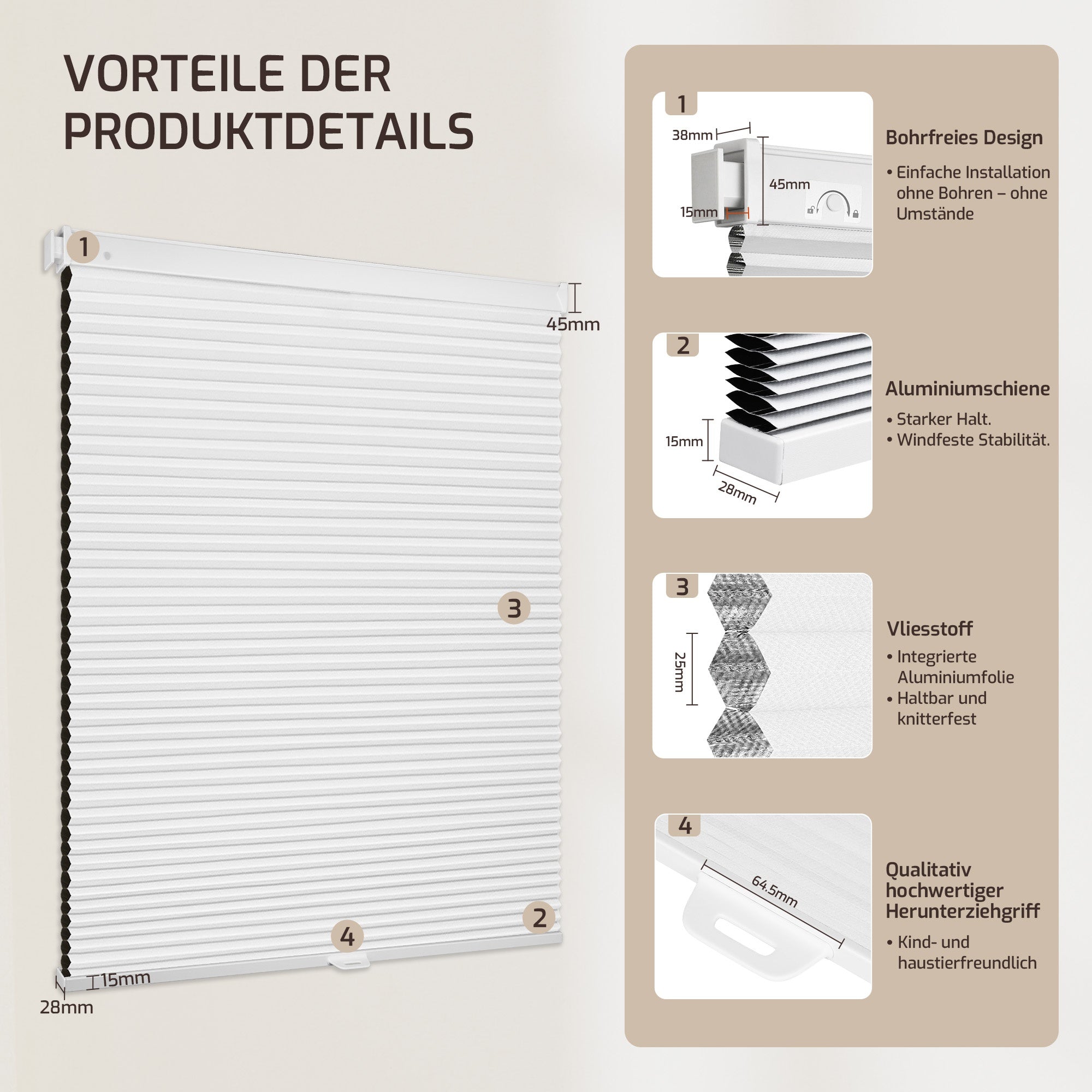Ohne Bohren | Schnurlos | Lichtdurchlässig | Freistopp | Wabenplissee | Weiß-Weiß