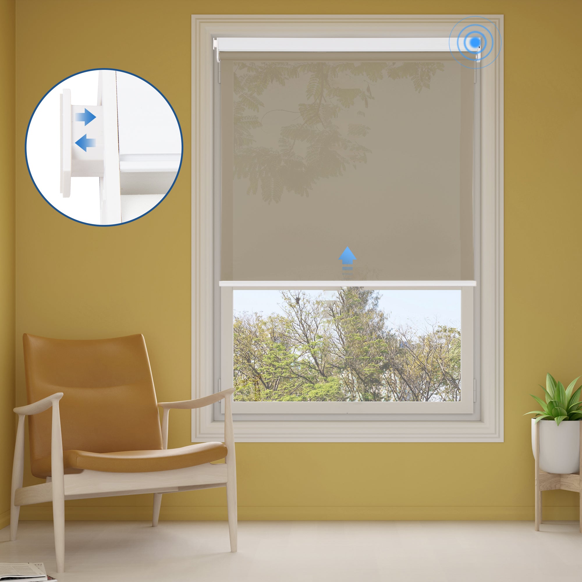 Motorized blinds with remote for easy light control.