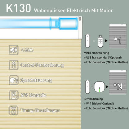 K130 Elektrobetriebene | Verdunkelung | Wiederaufladbar | Wabenplissees | Anpassbar