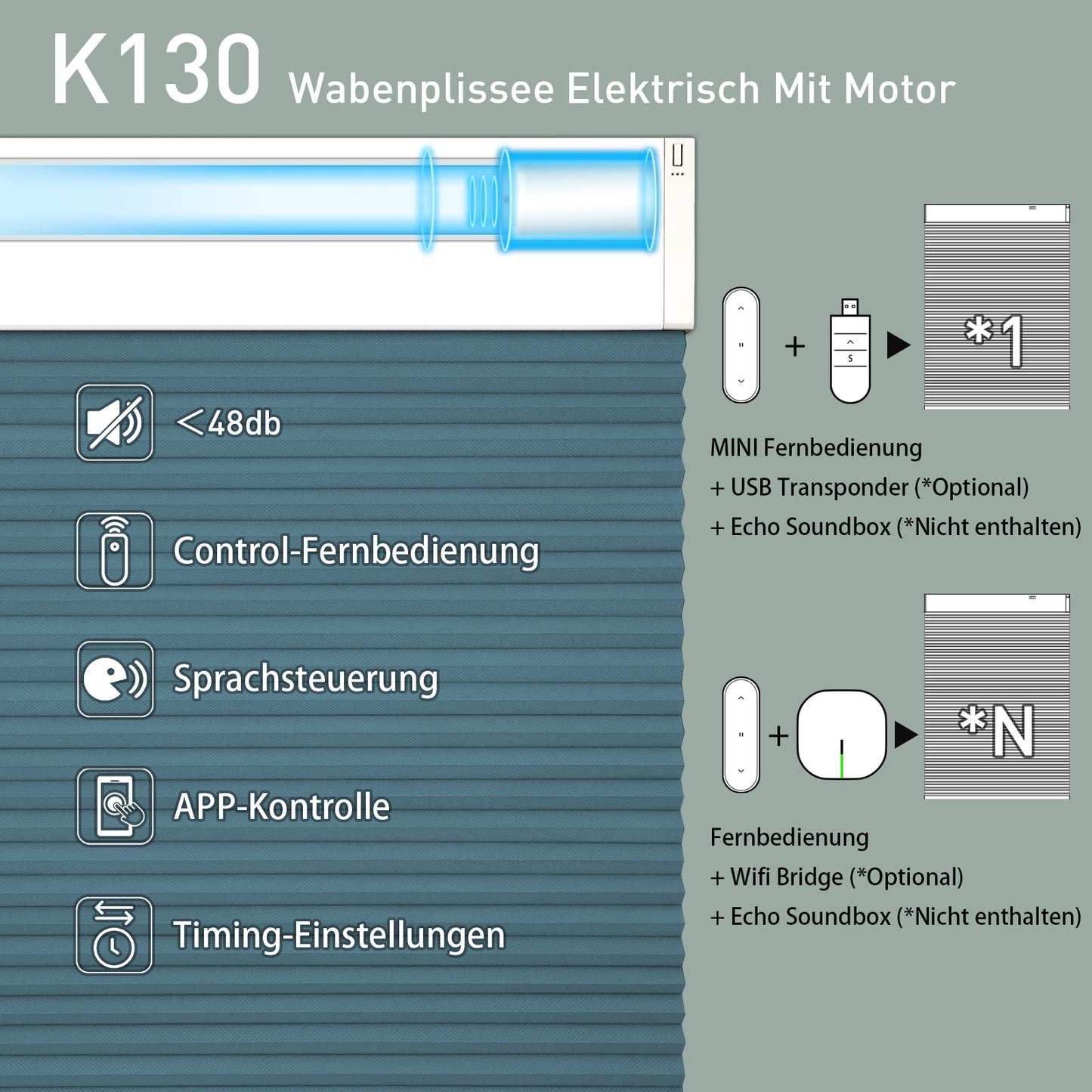 K130 Elektrobetriebene | Verdunkelung | Wiederaufladbar | Wabenplissees | Anpassbar