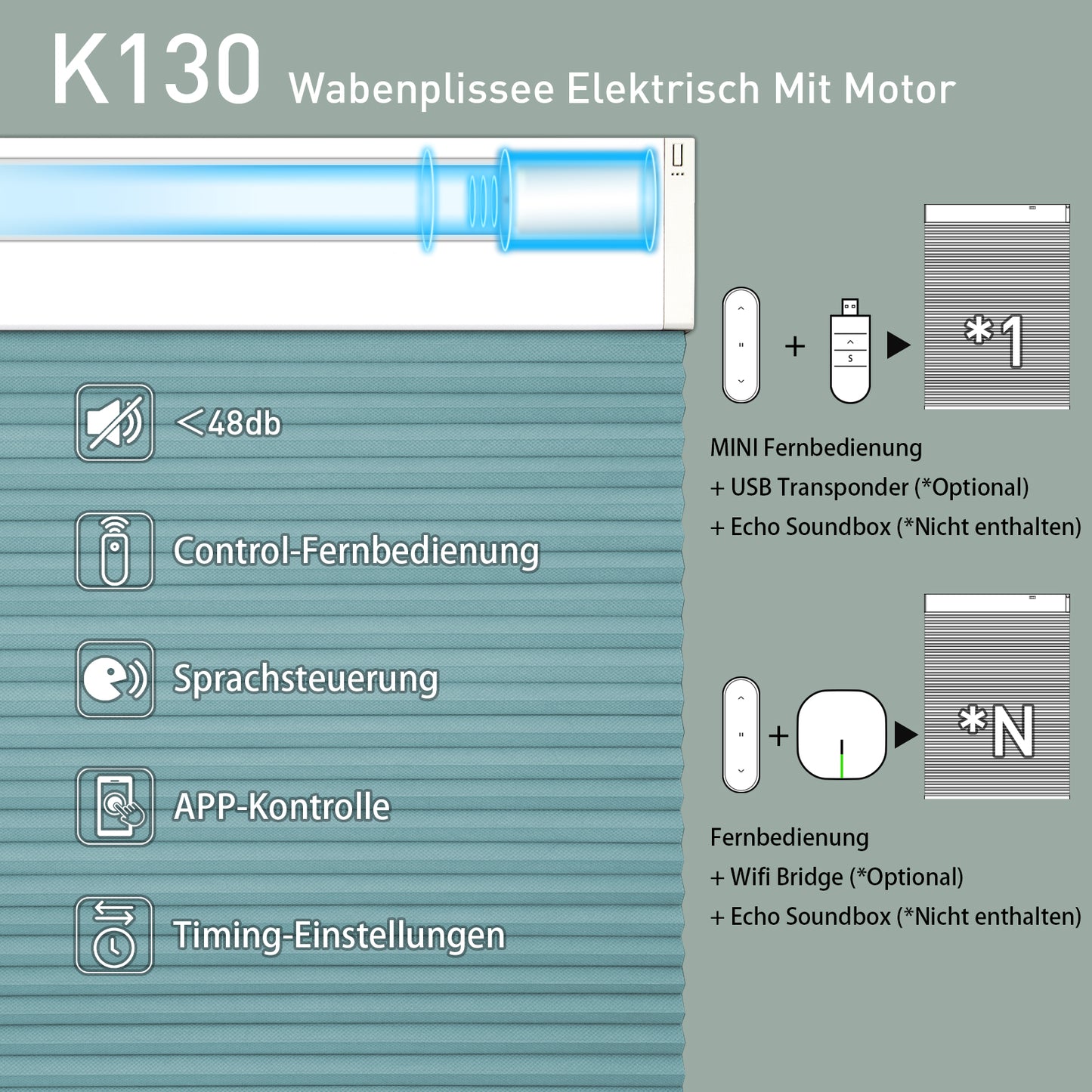 K130 Elektrobetriebene | Verdunkelung | Wiederaufladbar | Wabenplissees | Anpassbar