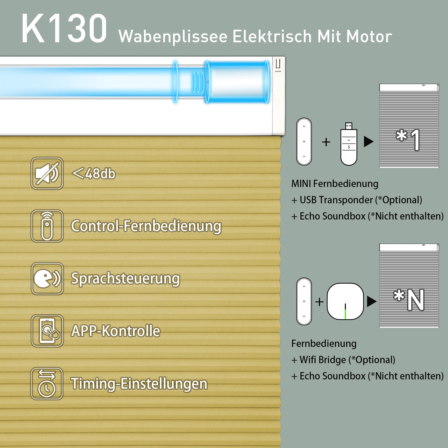 K130 Elektrobetriebene | Verdunkelung | Wiederaufladbar | Wabenplissees | Anpassbar