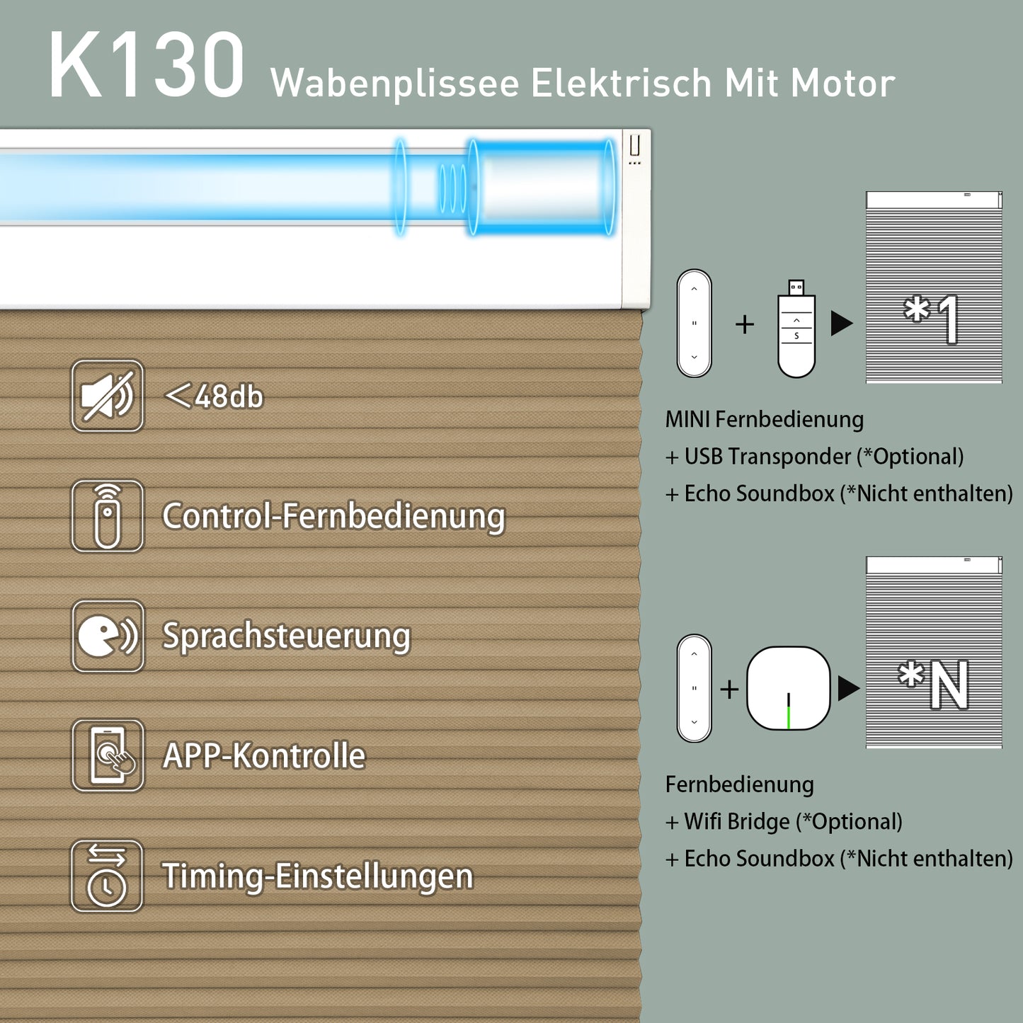 K130 Elektrobetriebene | Verdunkelung | Wiederaufladbar | Wabenplissees | Anpassbar