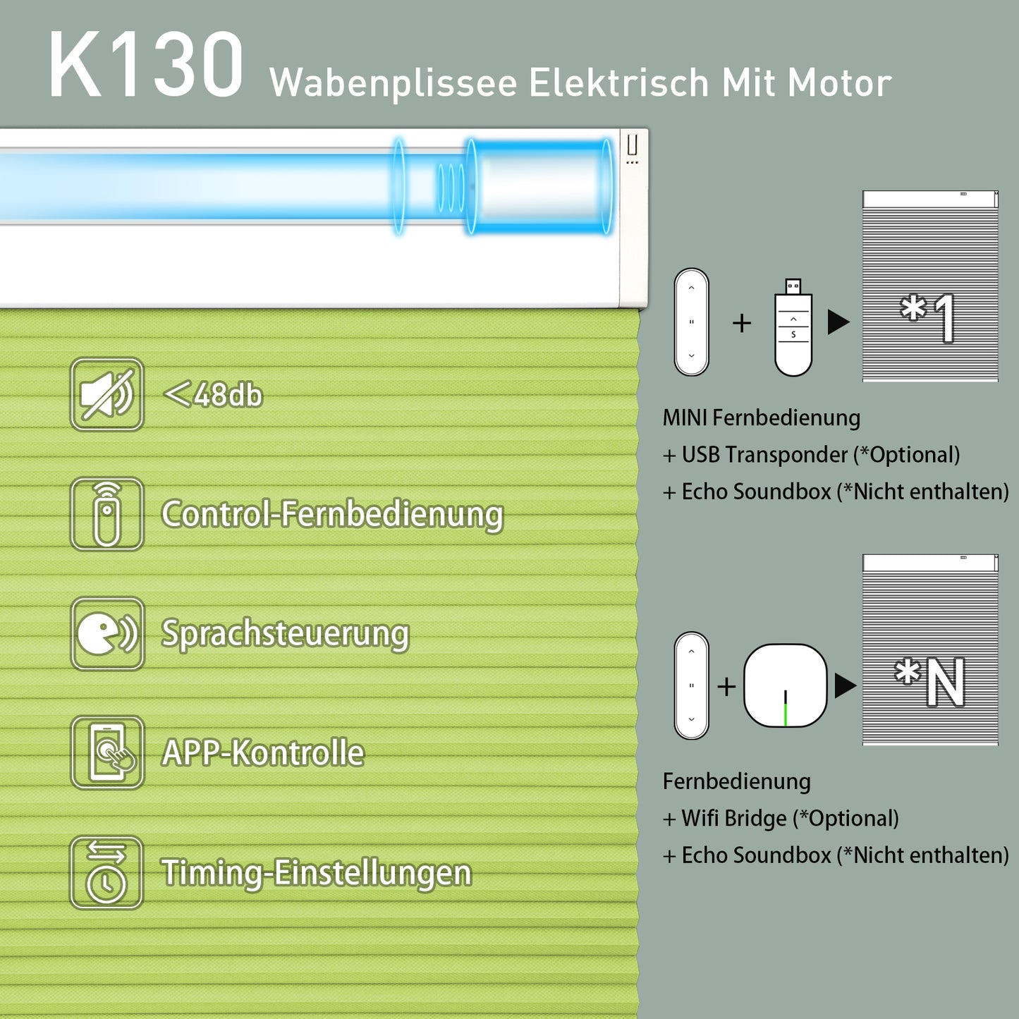 K130 Elektrobetriebene | Verdunkelung | Wiederaufladbar | Wabenplissees | Anpassbar