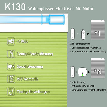 K130 Elektrobetriebene | Verdunkelung | Wiederaufladbar | Wabenplissees | Anpassbar