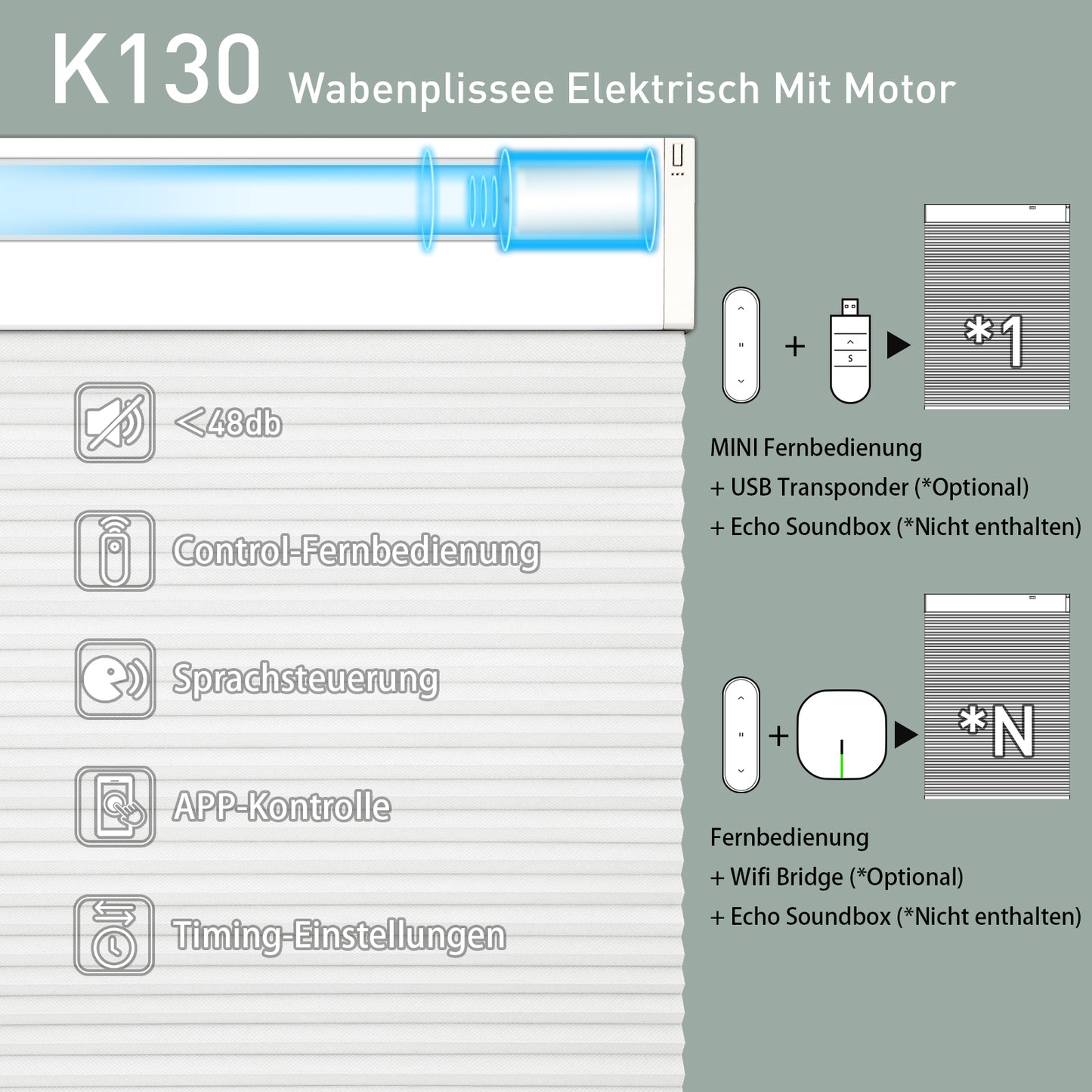 K130 Elektrobetriebene | Verdunkelung | Wiederaufladbar | Wabenplissees | Anpassbar