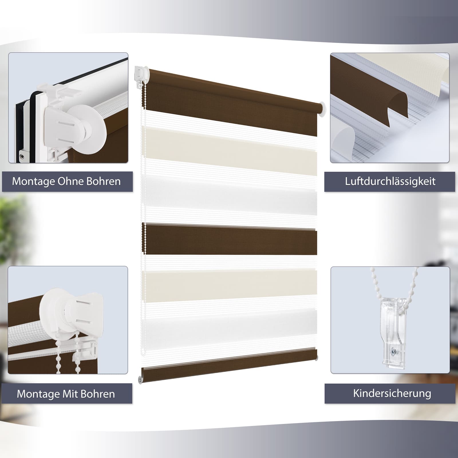Doppelrollo Duo Rollo Klemmfix ohne Bohren Weiß Beige Braun