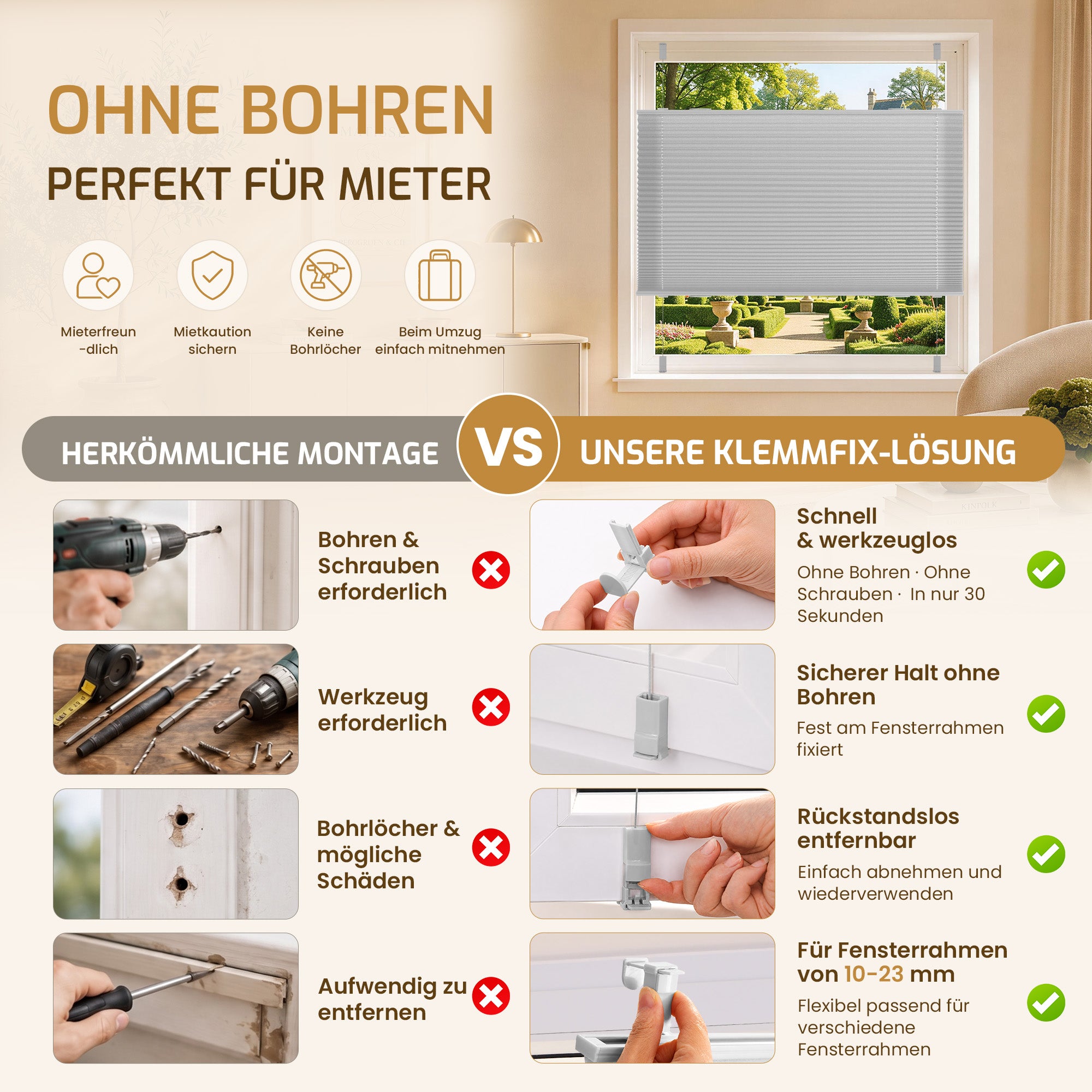 Lichtdurchlässiges Plissee Klemmfix ohne Bohren – Grau