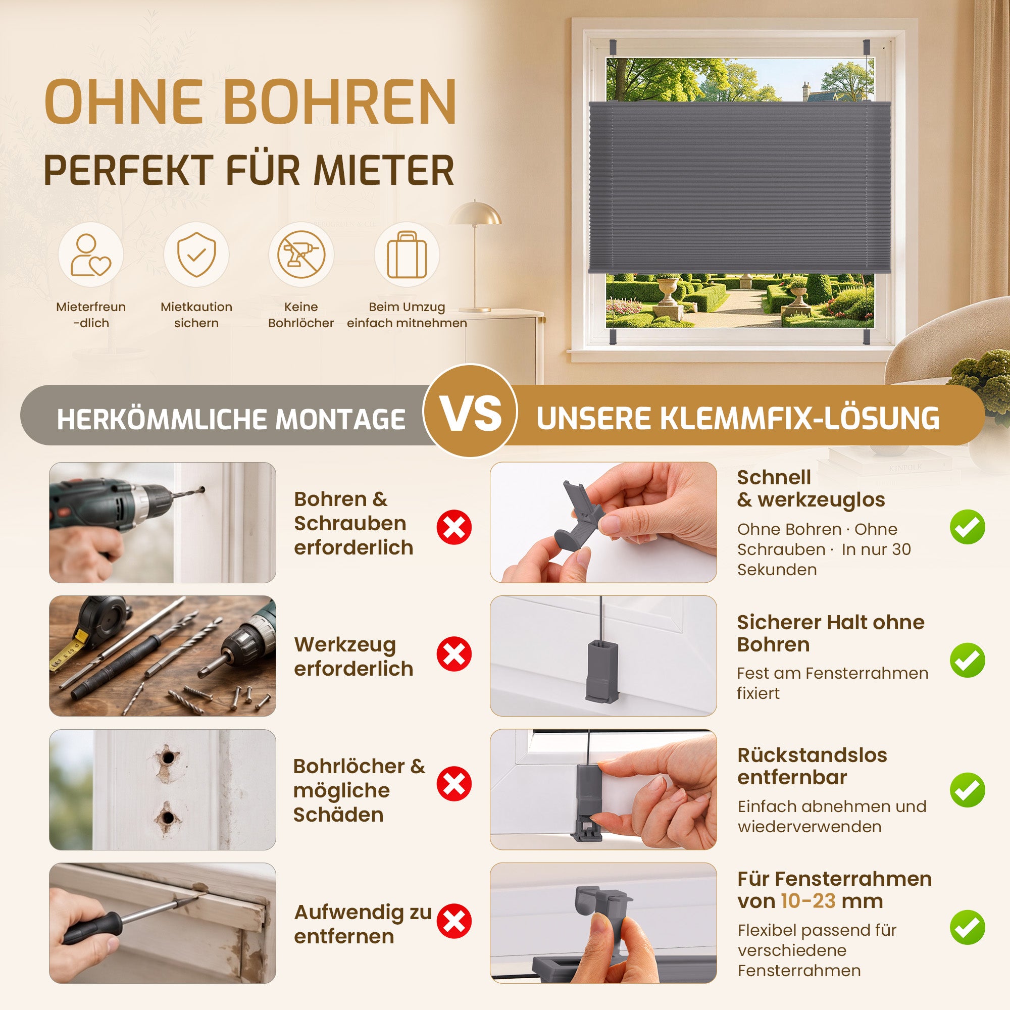 Lichtdurchlässiges Plissee Klemmfix ohne Bohren –Anthrazit