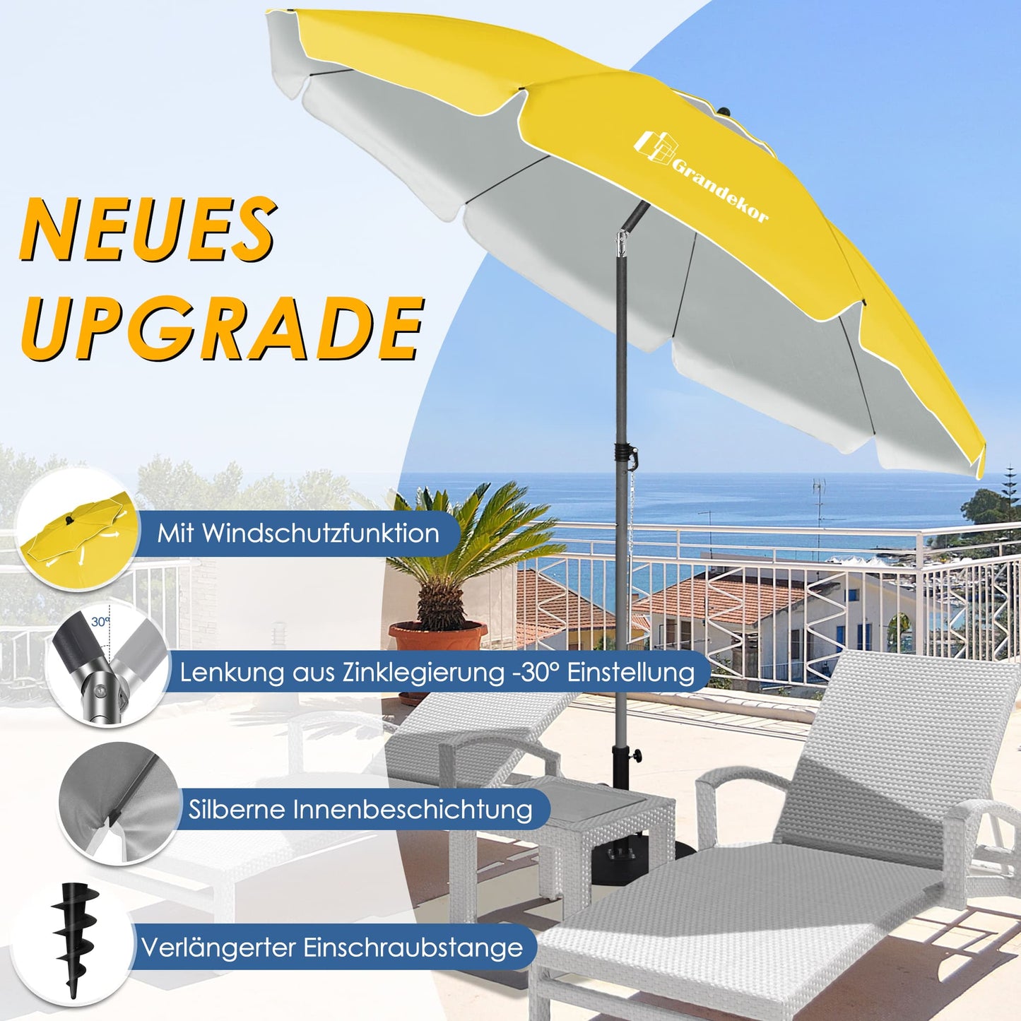 Sonnenschirm für den Strand 200cm mit UV-Schutz verstellbarer Neigungswinkel