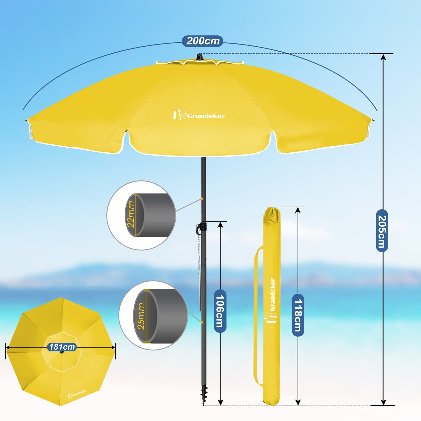 Sonnenschirm für den Strand 200cm mit UV-Schutz verstellbarer Neigungswinkel