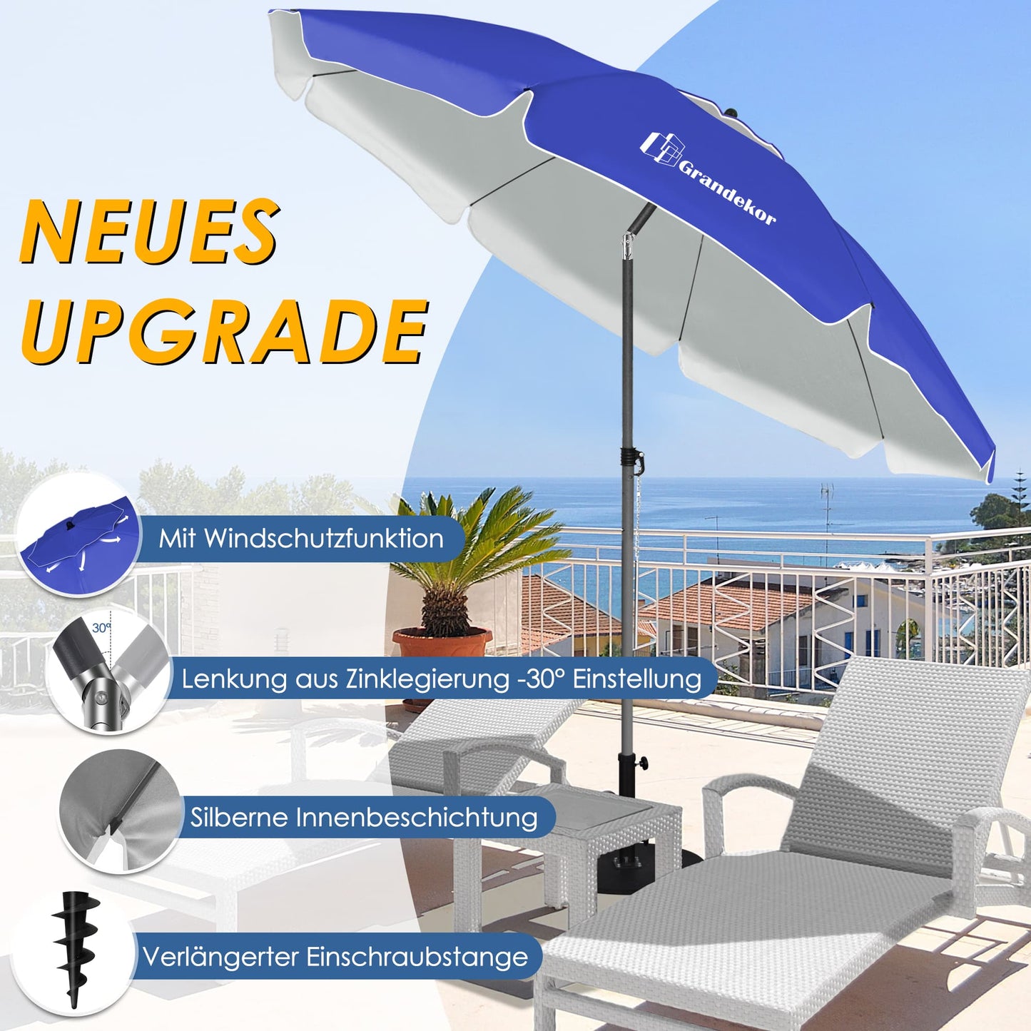 Sonnenschirm für den Strand 200cm mit UV-Schutz verstellbarer Neigungswinkel