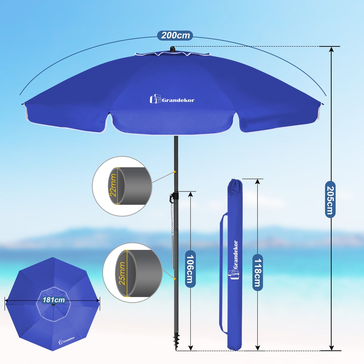 Sonnenschirm für den Strand 200cm mit UV-Schutz verstellbarer Neigungswinkel