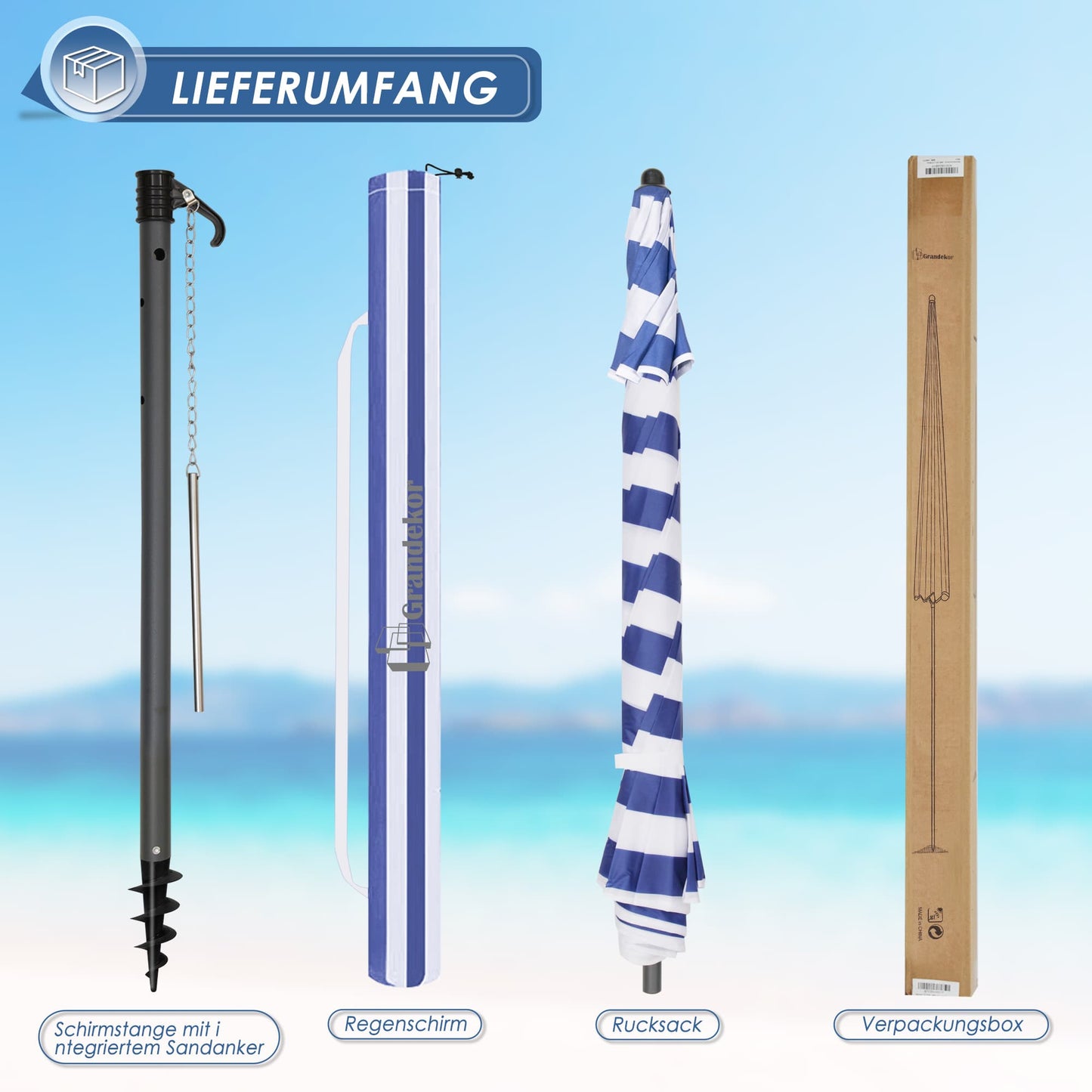 Sonnenschirm für den Strand 200cm mit UV-Schutz verstellbarer Neigungswinkel